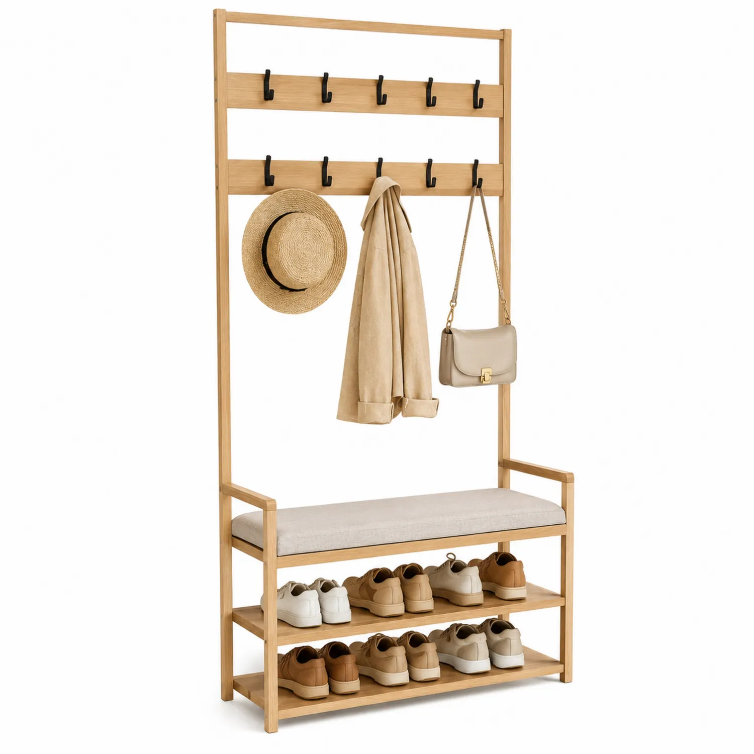 Garderobe aus Eichenholz mit Leinen-Sitzbank 180 cm Höhe Natur