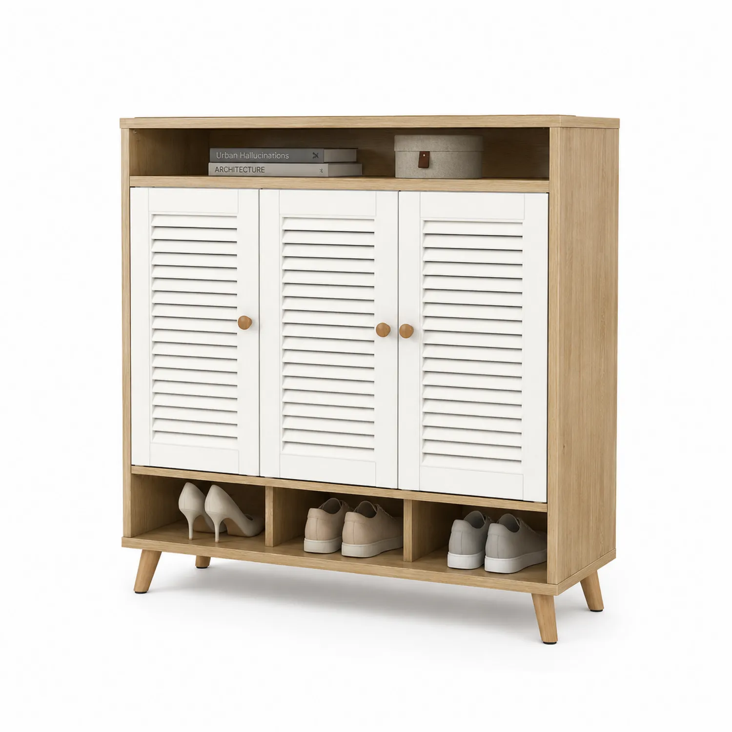 Schuhschrank aus Eichenholz mit Lamellentüren 85x30x90 cm Weiß/Eiche