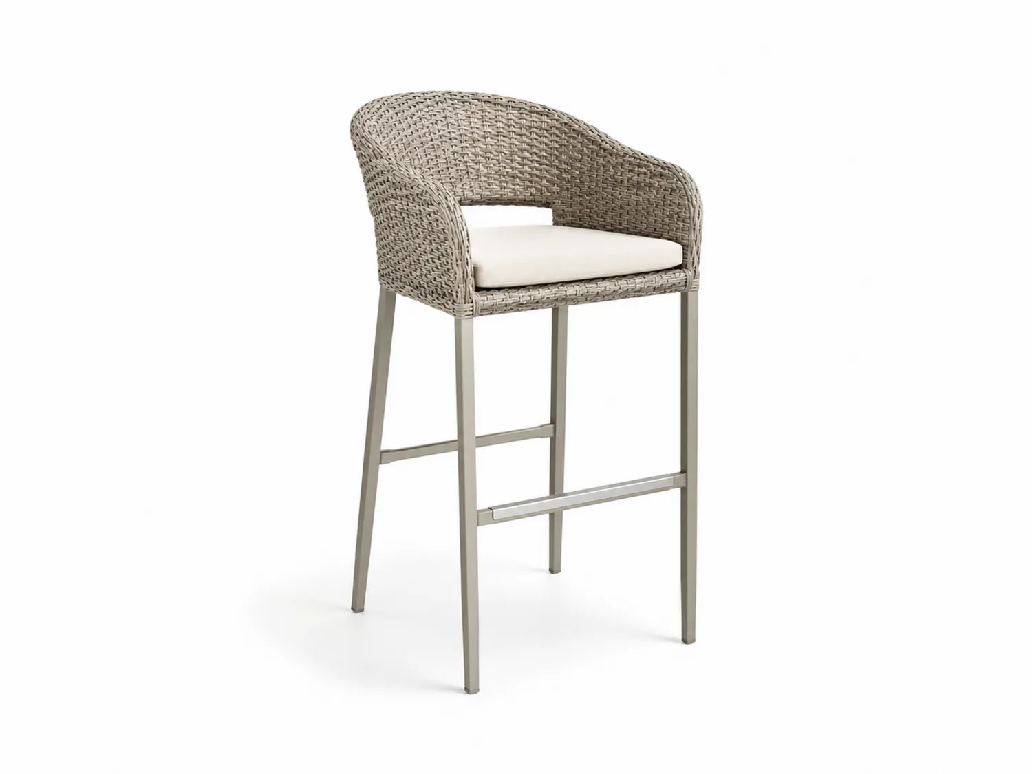 Barhocker aus Polyethylengeflecht mit Edelstahlrahmen und Sitzkissen Beige