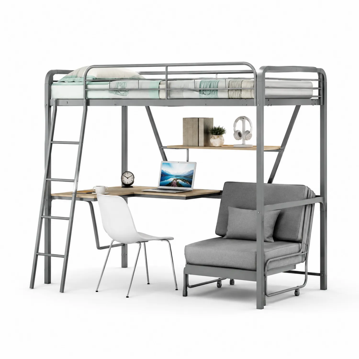 Metall-Hochbett mit Schreibtisch und Sessel, Grau
