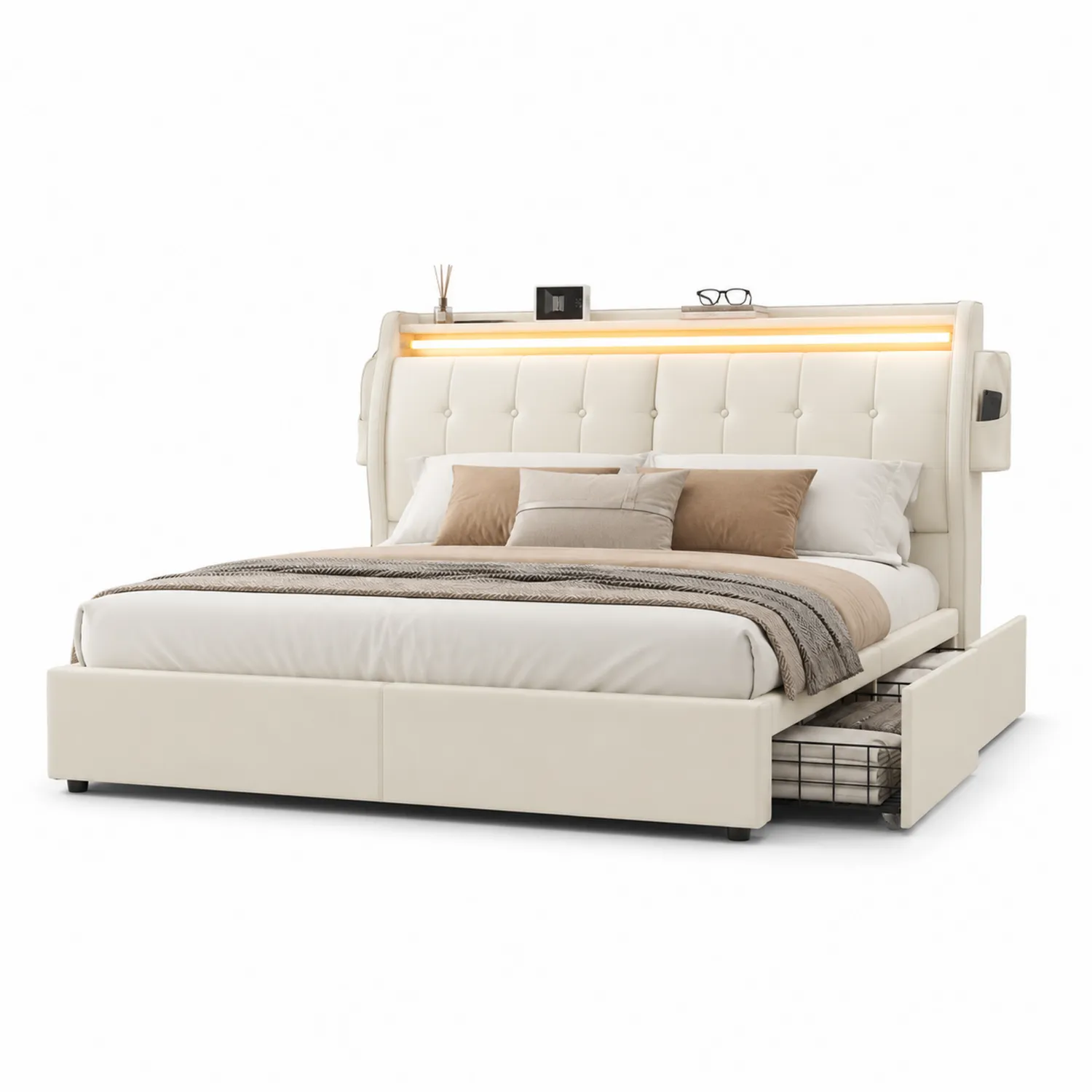 Bett aus PU-Leder mit LED und Stauraum 200x180 cm Creme