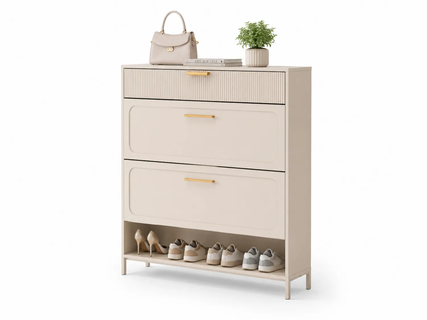 Schuhschrank mit MDF und Metallgriffen in Beige