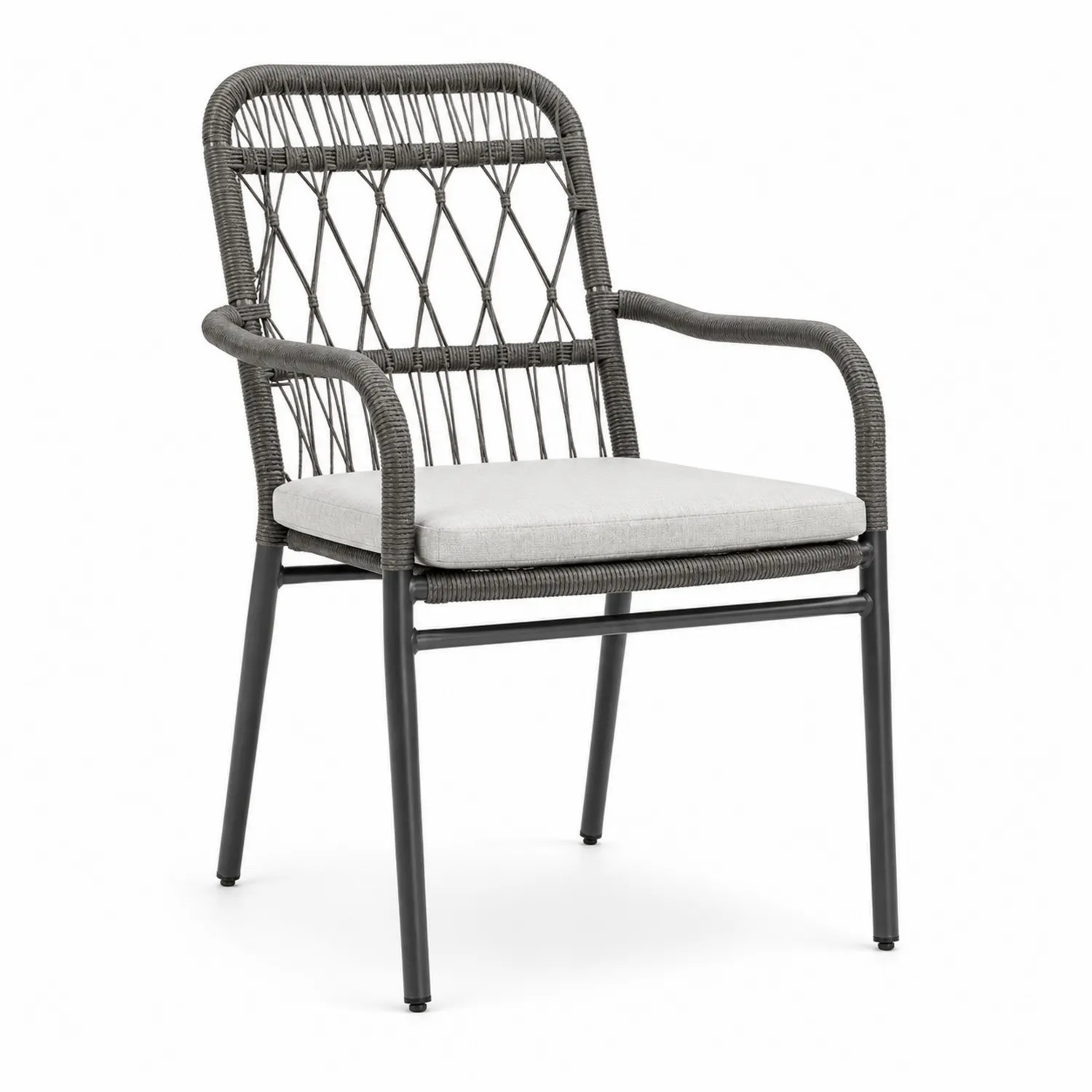 Metall- und Polyrattan-Esszimmerstuhl mit Polyester-Sitzkissen Grau 84cm