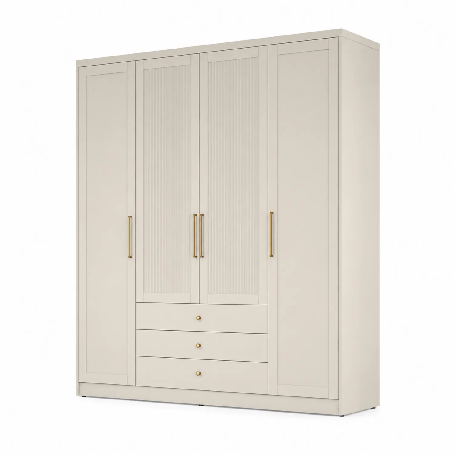 Vierflügeliger Kleiderschrank aus Holz mit Schubladen in Beige