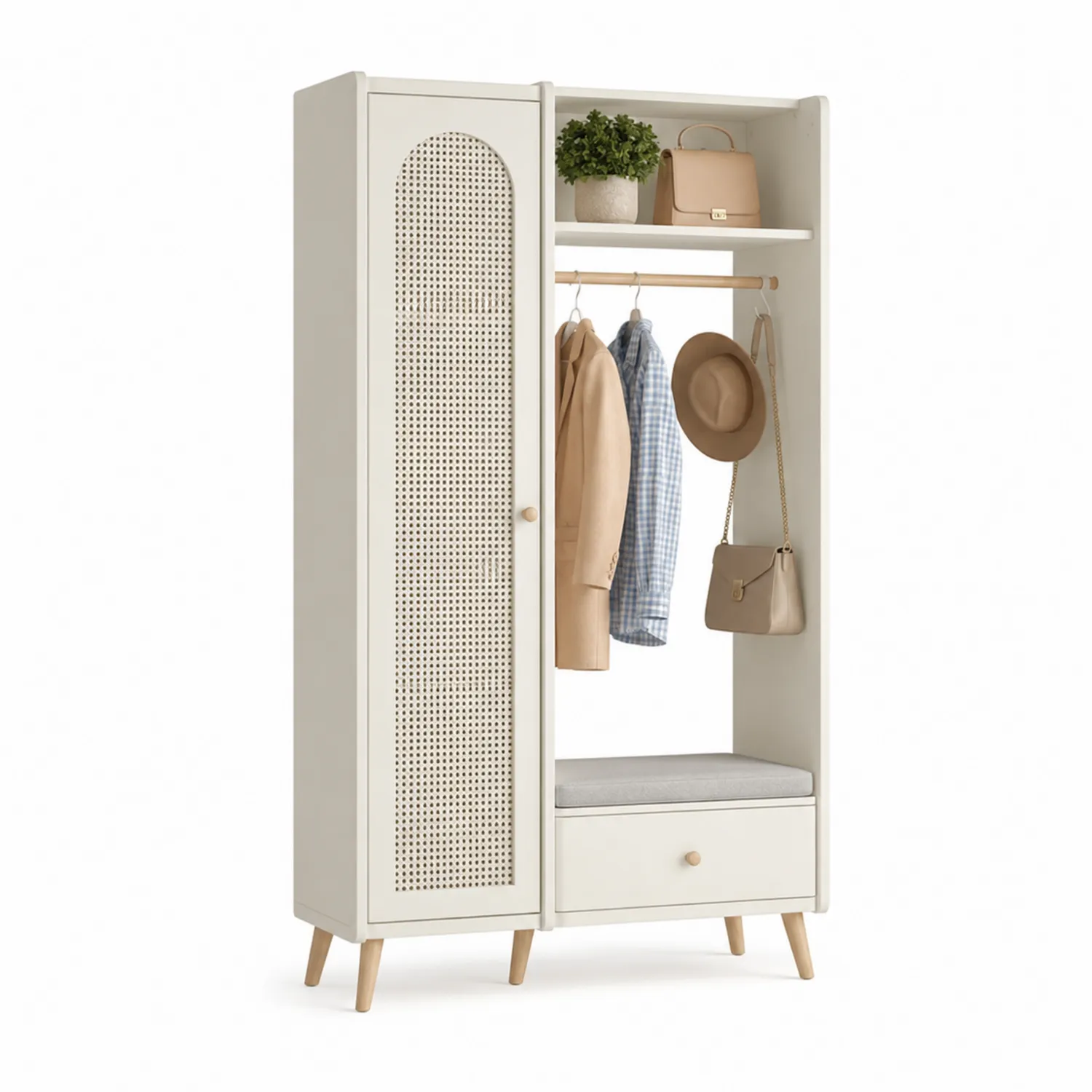 Garderoben-Set aus MDF und Rattan mit Sitzbank und Stauraum Weiß