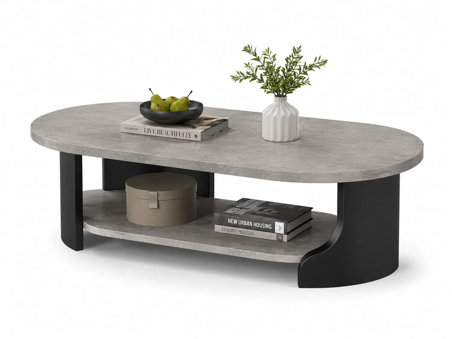 Ovaler Couchtisch aus MDF und Stahl mit Betonoptik in Grau und Schwarz
