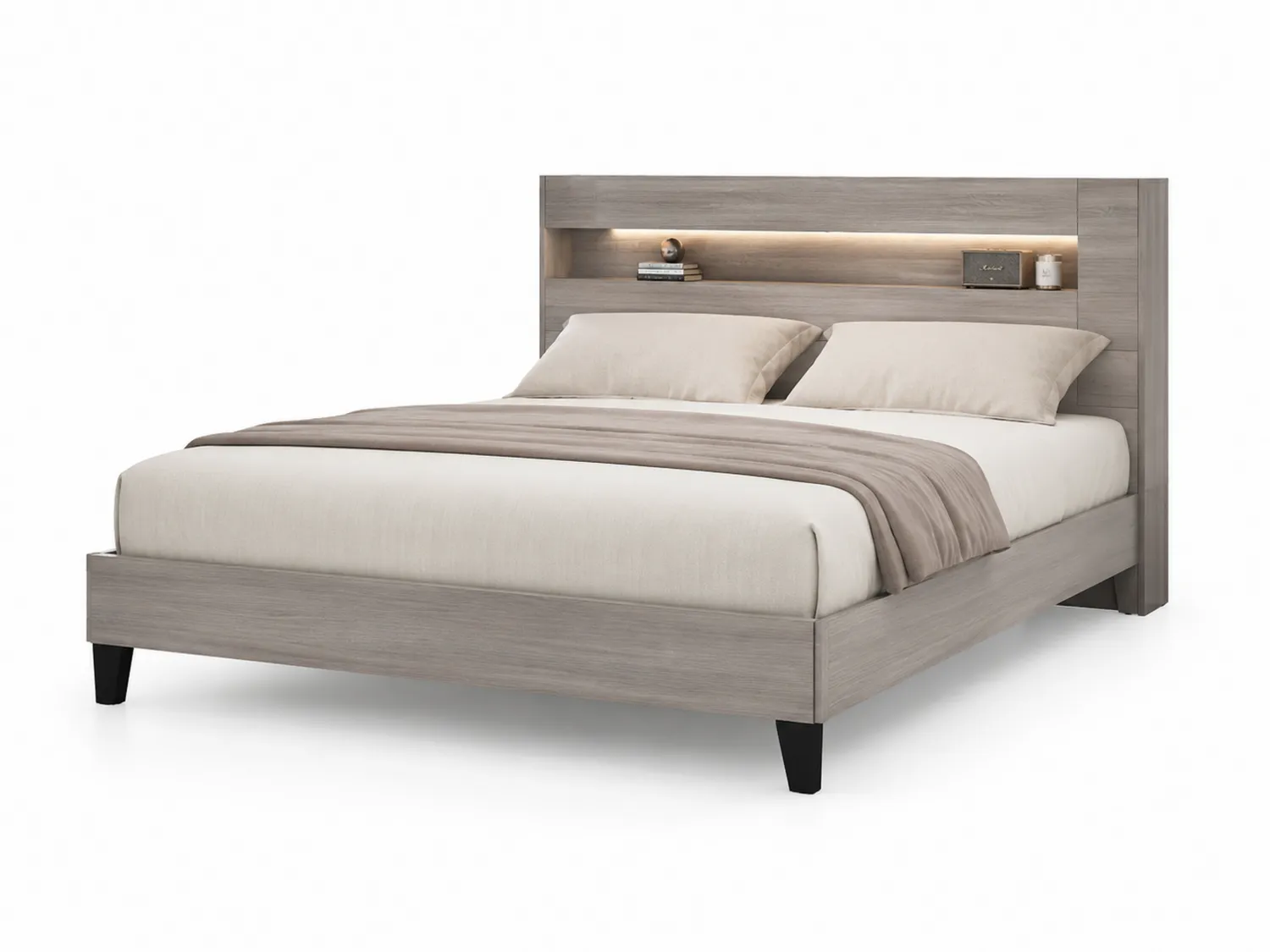 Doppelbett Holzoptik mit Regal und LED 200x160 cm Grau
