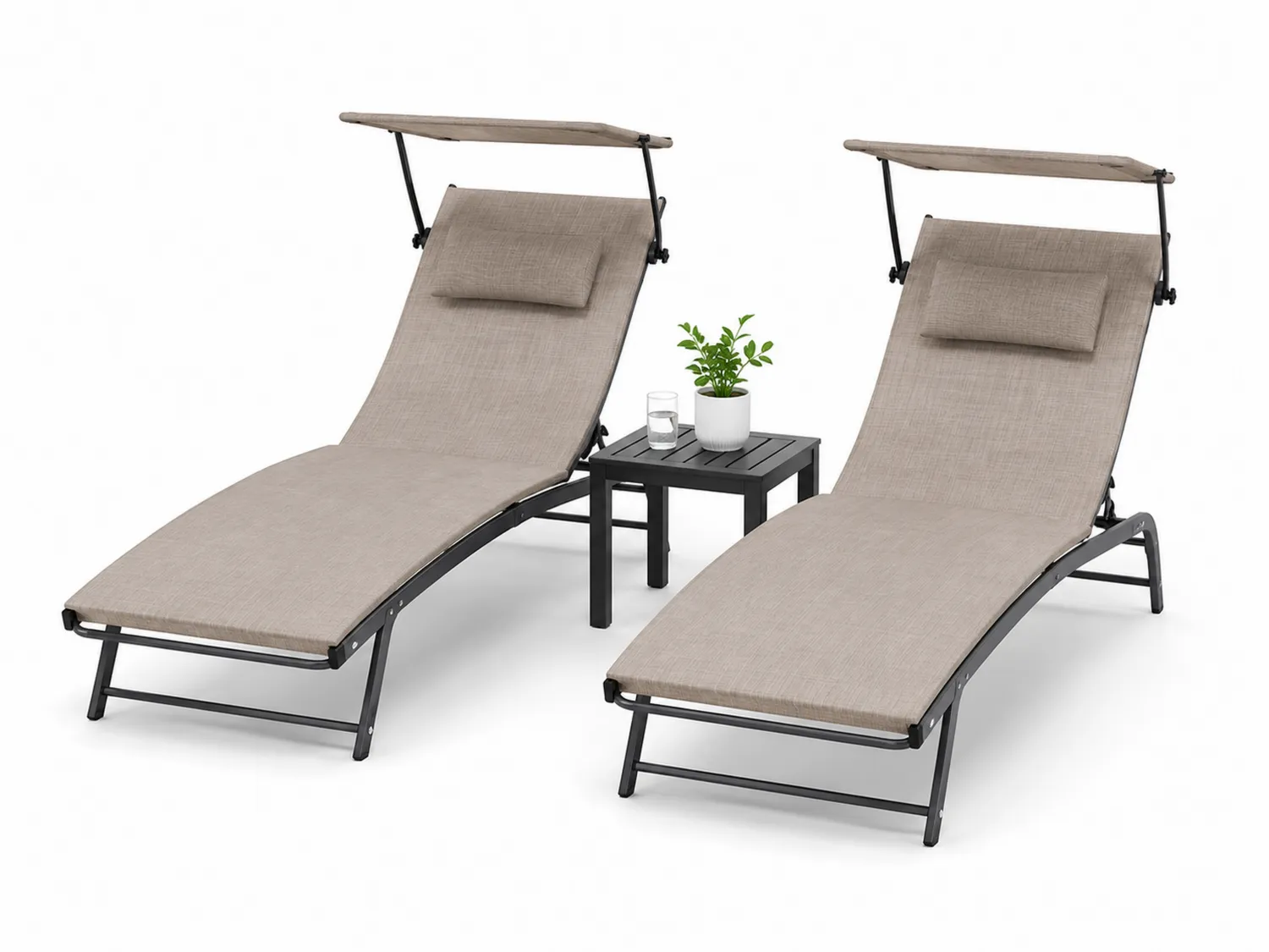 2-teiliges Outdoor-Liegestuhl-Set Aluminium Textilene Beige mit Sonnendach