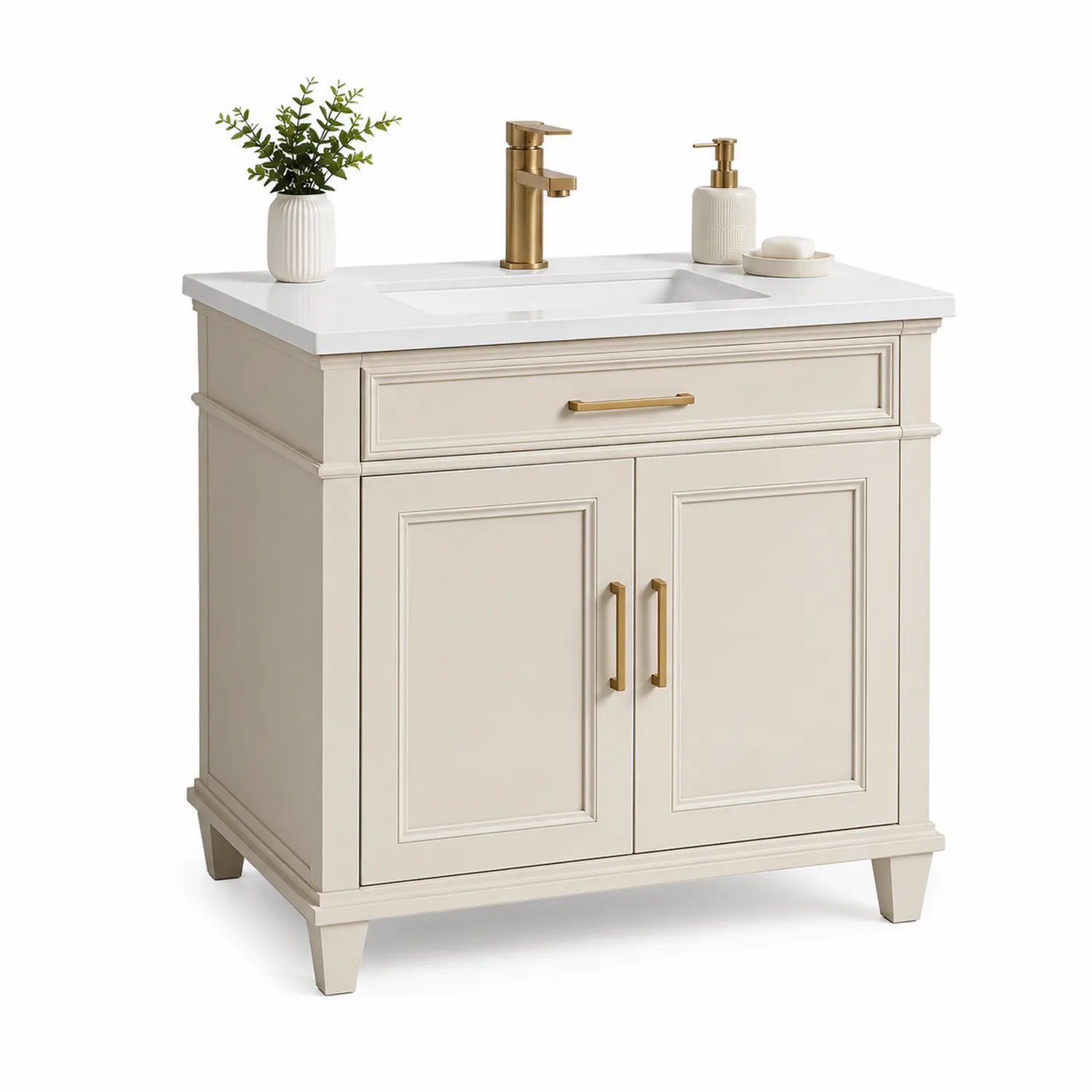 Einzelwaschtisch mit Holzschrank und Keramikplatte Weiß/Beige
