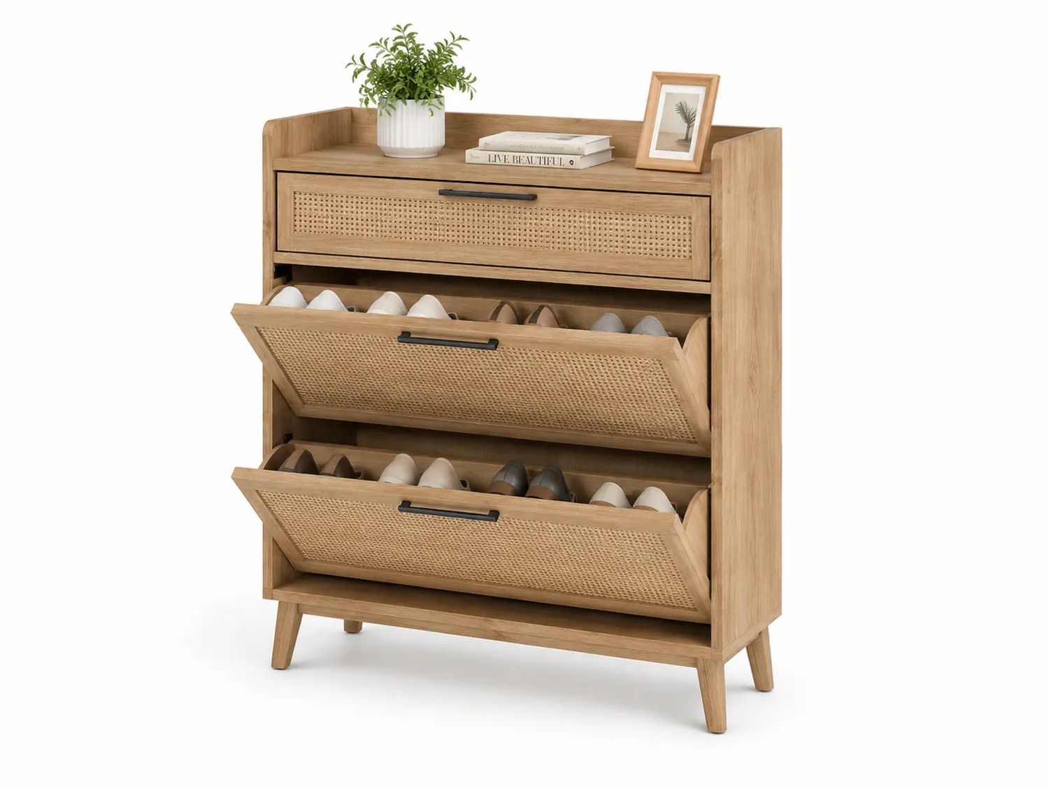 Schuhschrank aus Eichenholz und Rattan