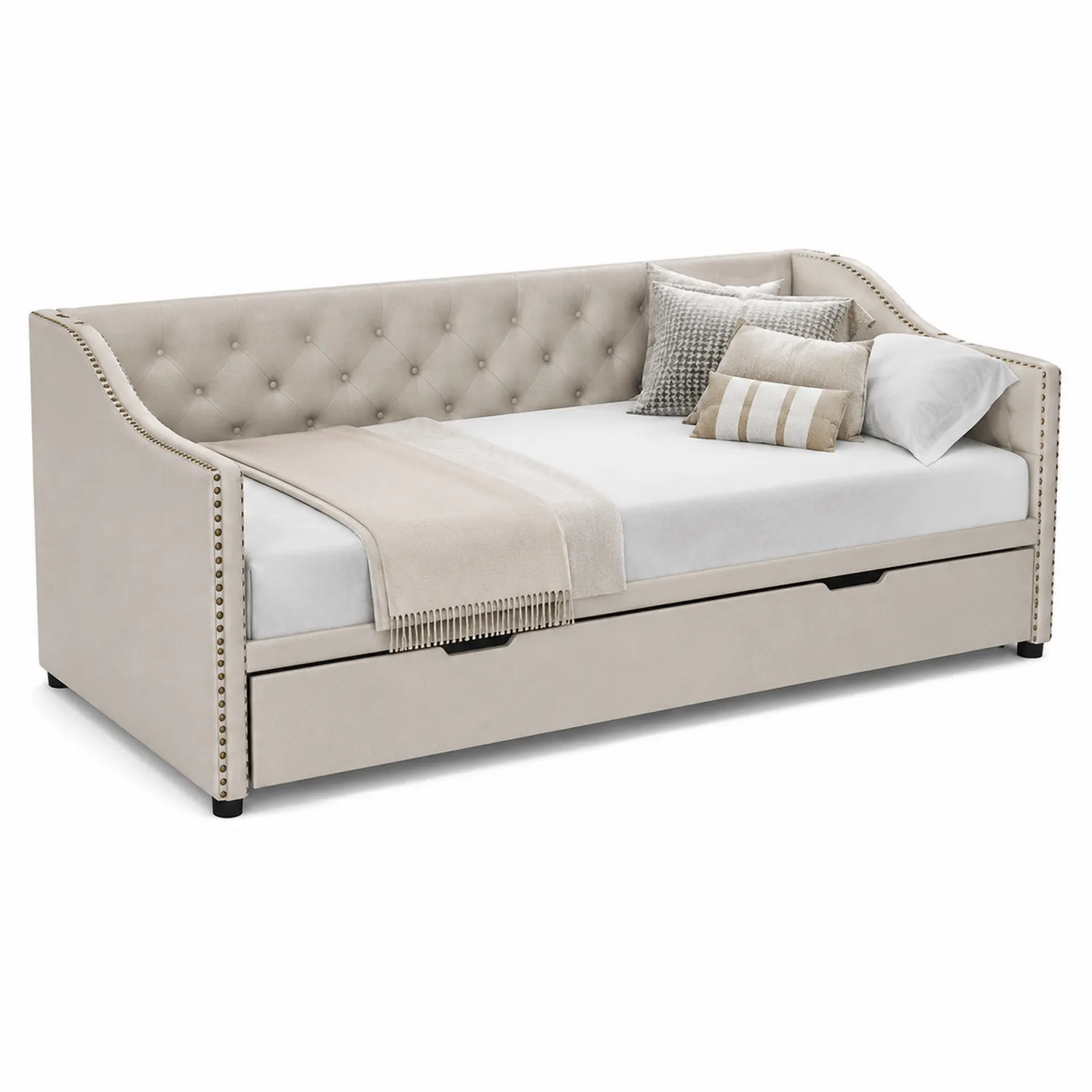 Beiges Tagesbett aus Stoff mit Stauraumschublade 200x90 cm