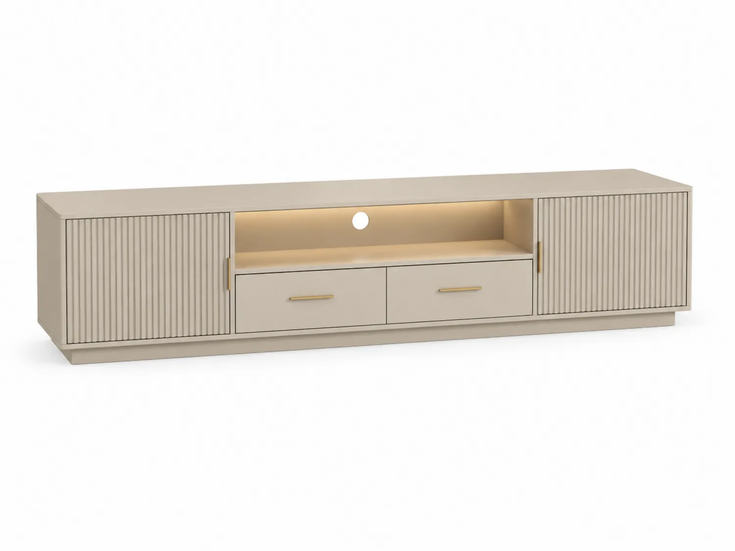 Beiges TV-Möbel aus MDF mit Lamellentüren und Schubladen 240x40x50cm