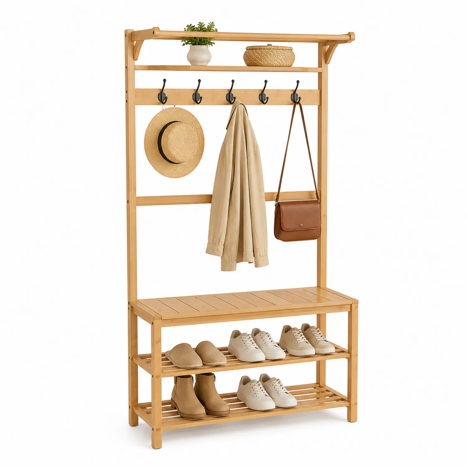Bambus Garderobe mit Schuhregal und Haken 175 cm Natur