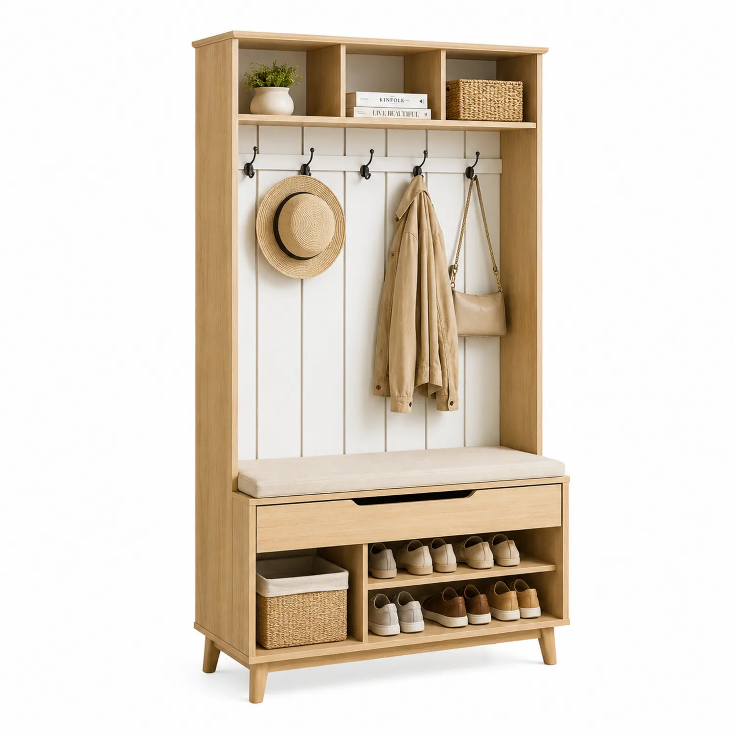 Flurmöbel-Set Holz Beige mit Sitzbank und Stauraum