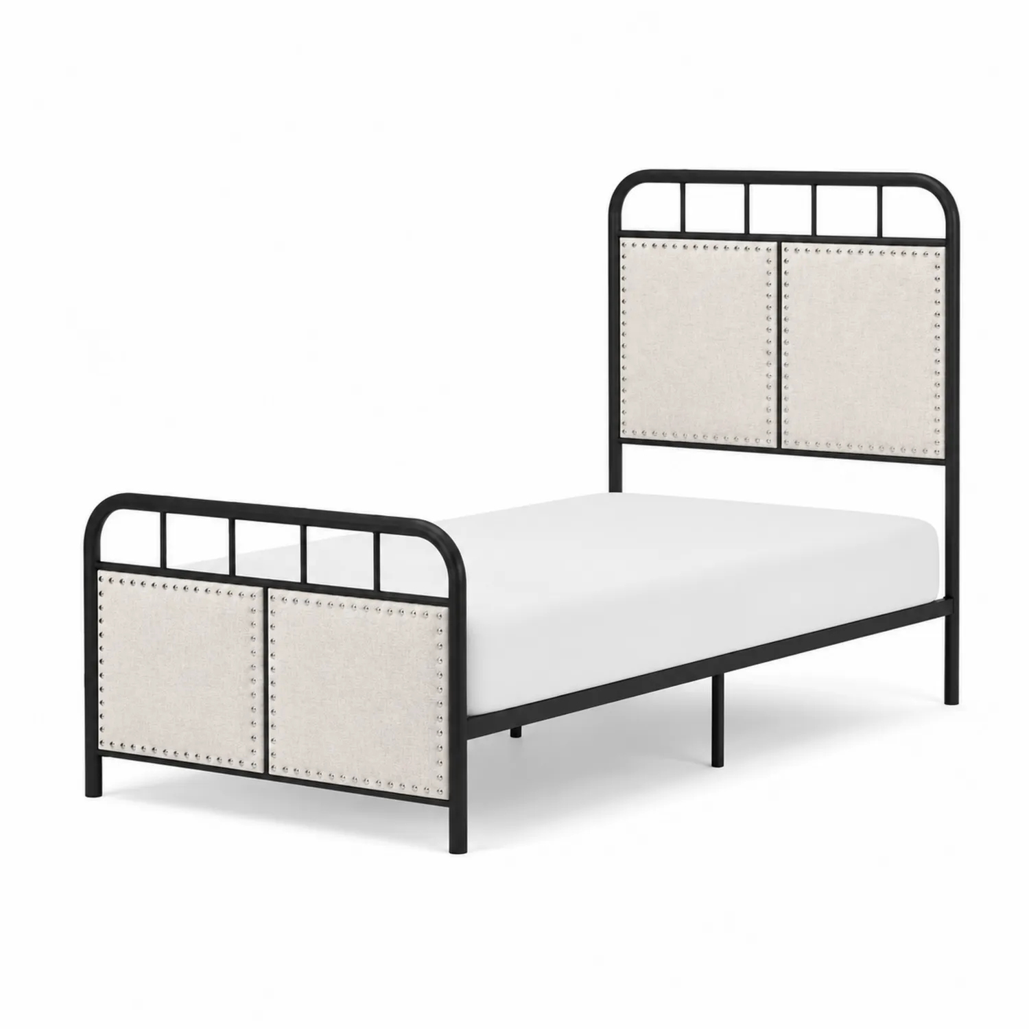 Łóżko metalowe z tapicerowanym zagłówkiem 200x90 cm Czarny/Beżowy