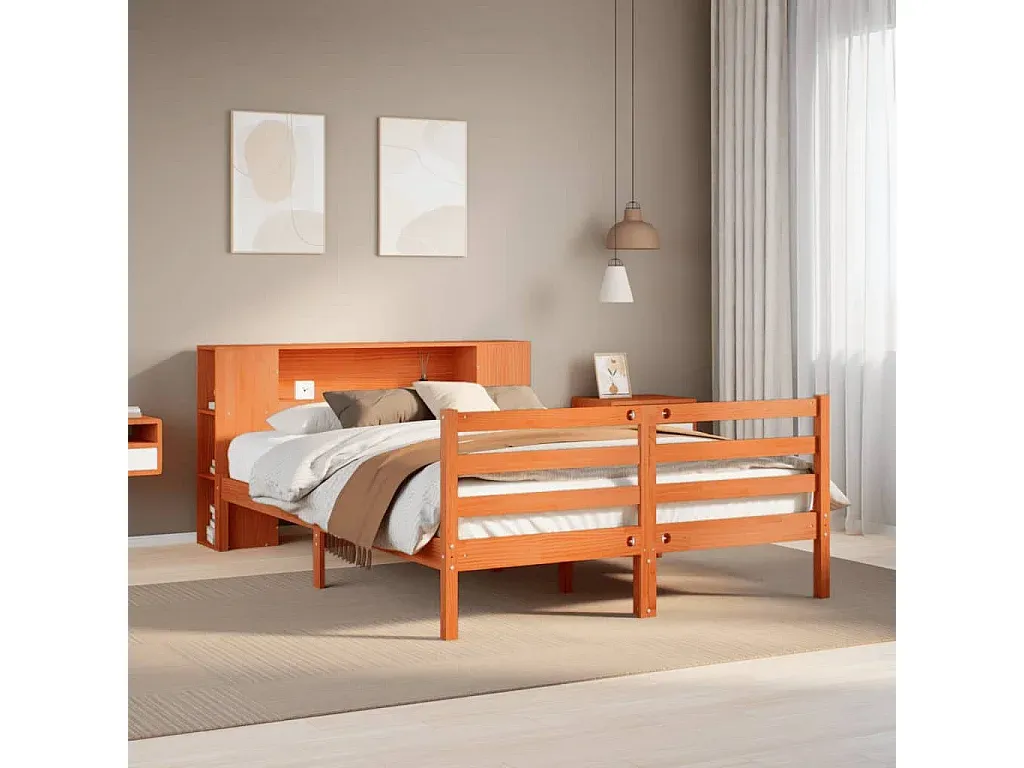 Holzbett mit integriertem Regal, 150x200 cm, wachsbraun-COZYELUNO