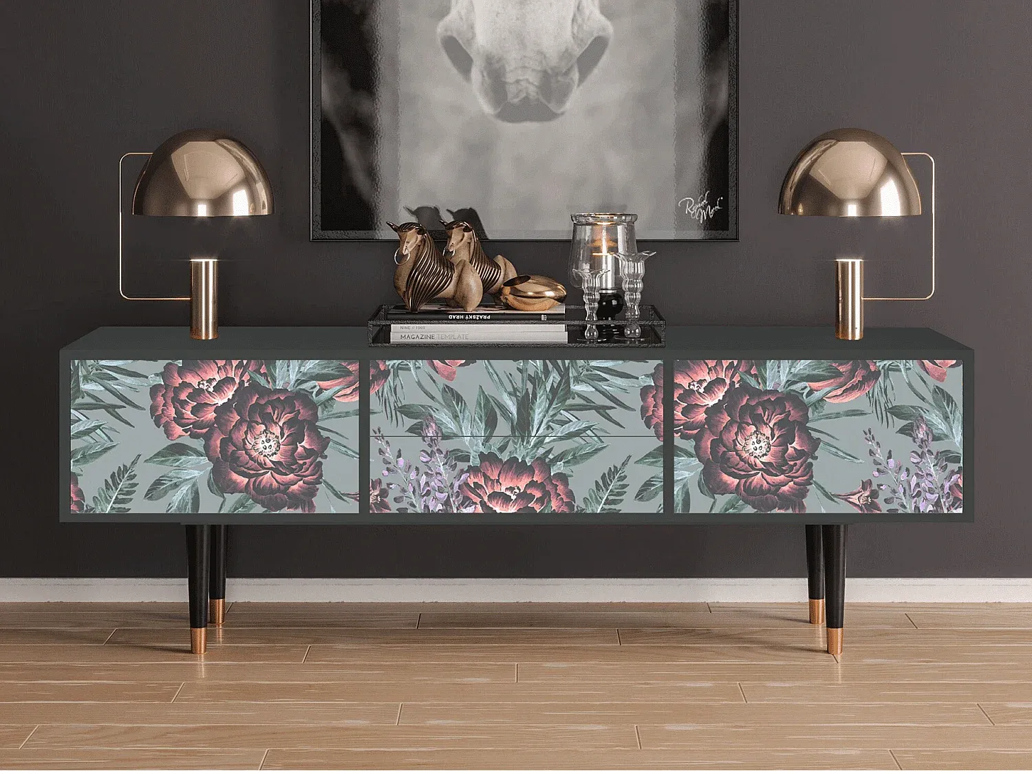 Moderner TV-Schrank in Anthrazit mit Blumendesign-COZYELUNO