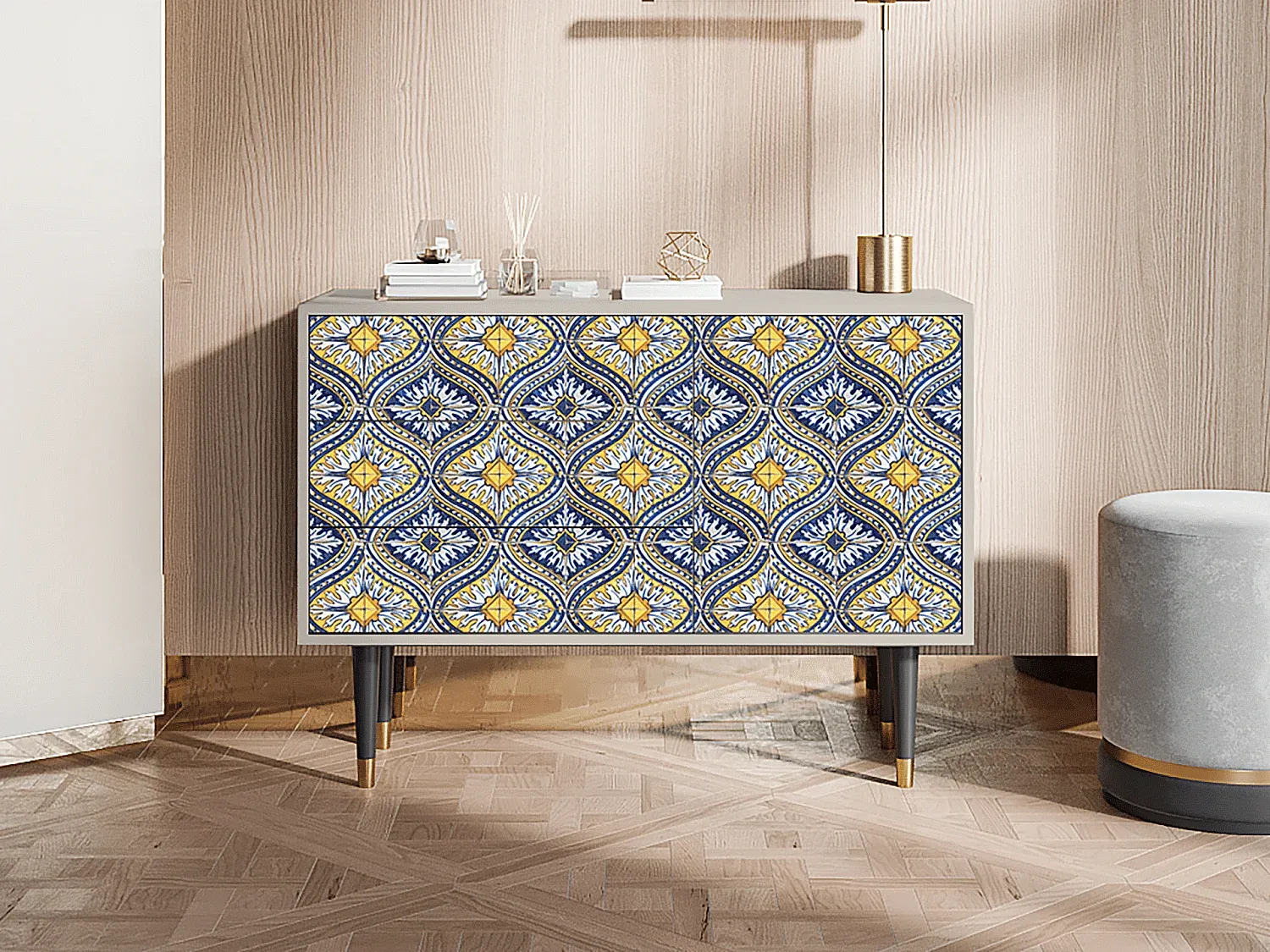 Moderner Sideboard mit Illusionsmuster, Sandfarben-COZYELUNO