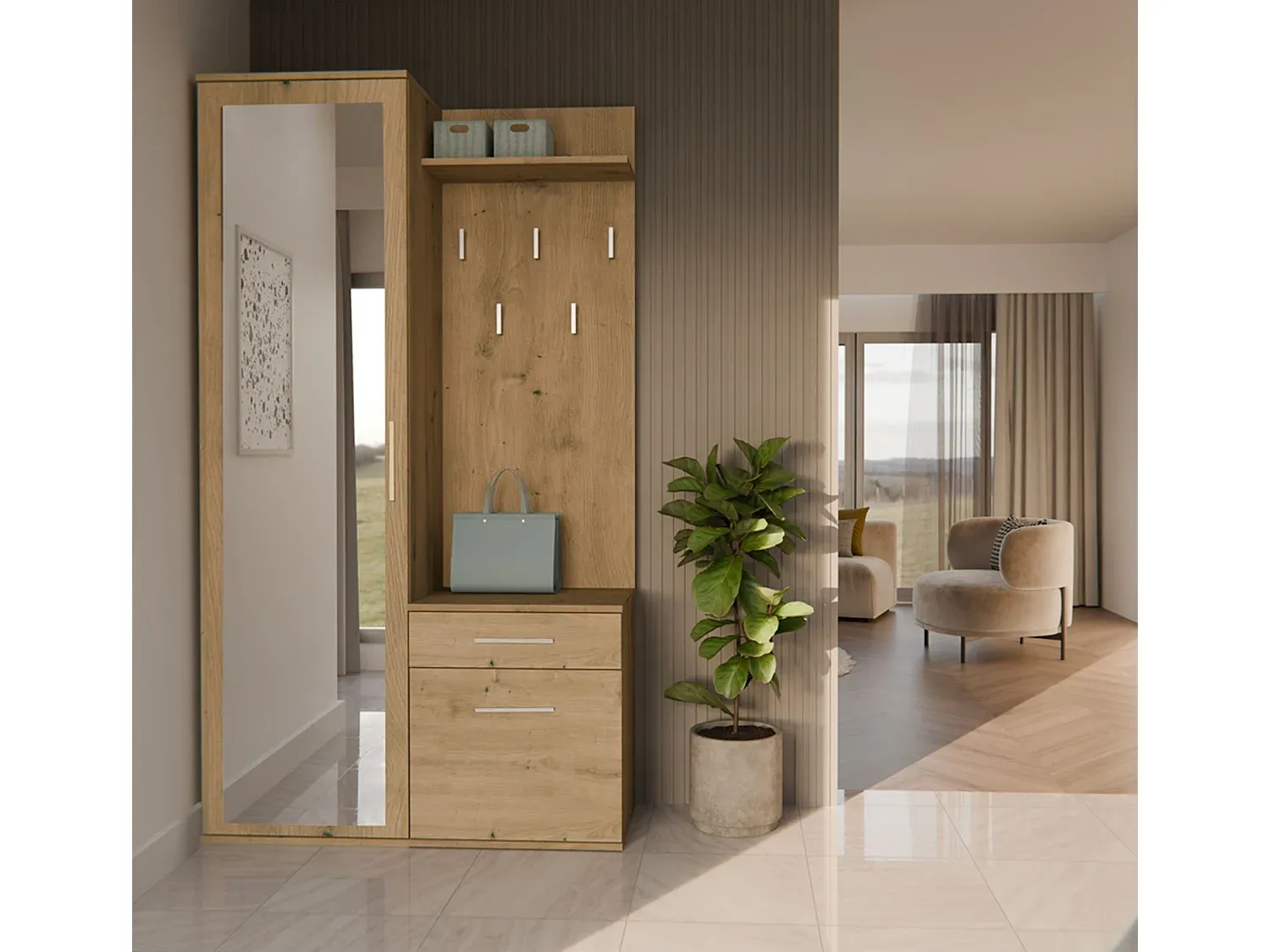 Moderne Flurgarderobe mit Schrank und Spiegel, 100 cm, Eiche Artisan-COZYELUNO