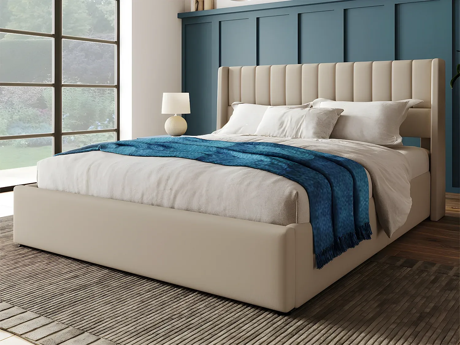 Doppelbett mit Stauraum und Lattenrost, Leinen beige, 180x200 cm-Livalexo