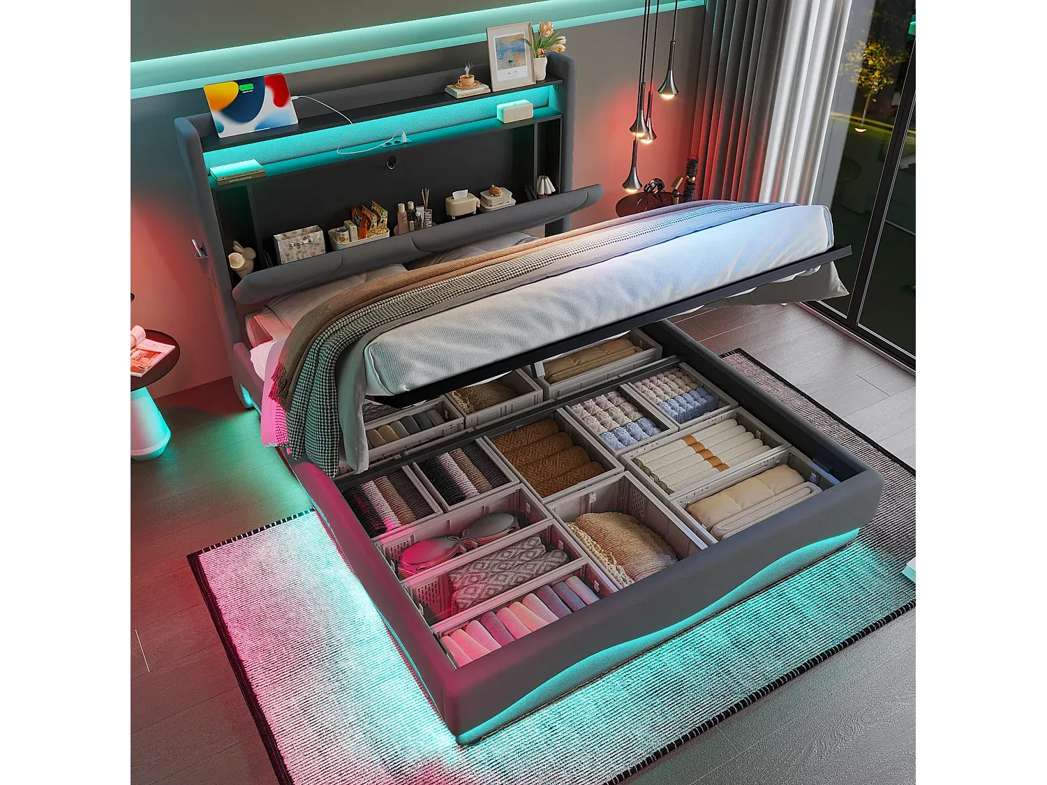 Modernes Bett mit Stauraum und LED-Beleuchtung-Livalexo