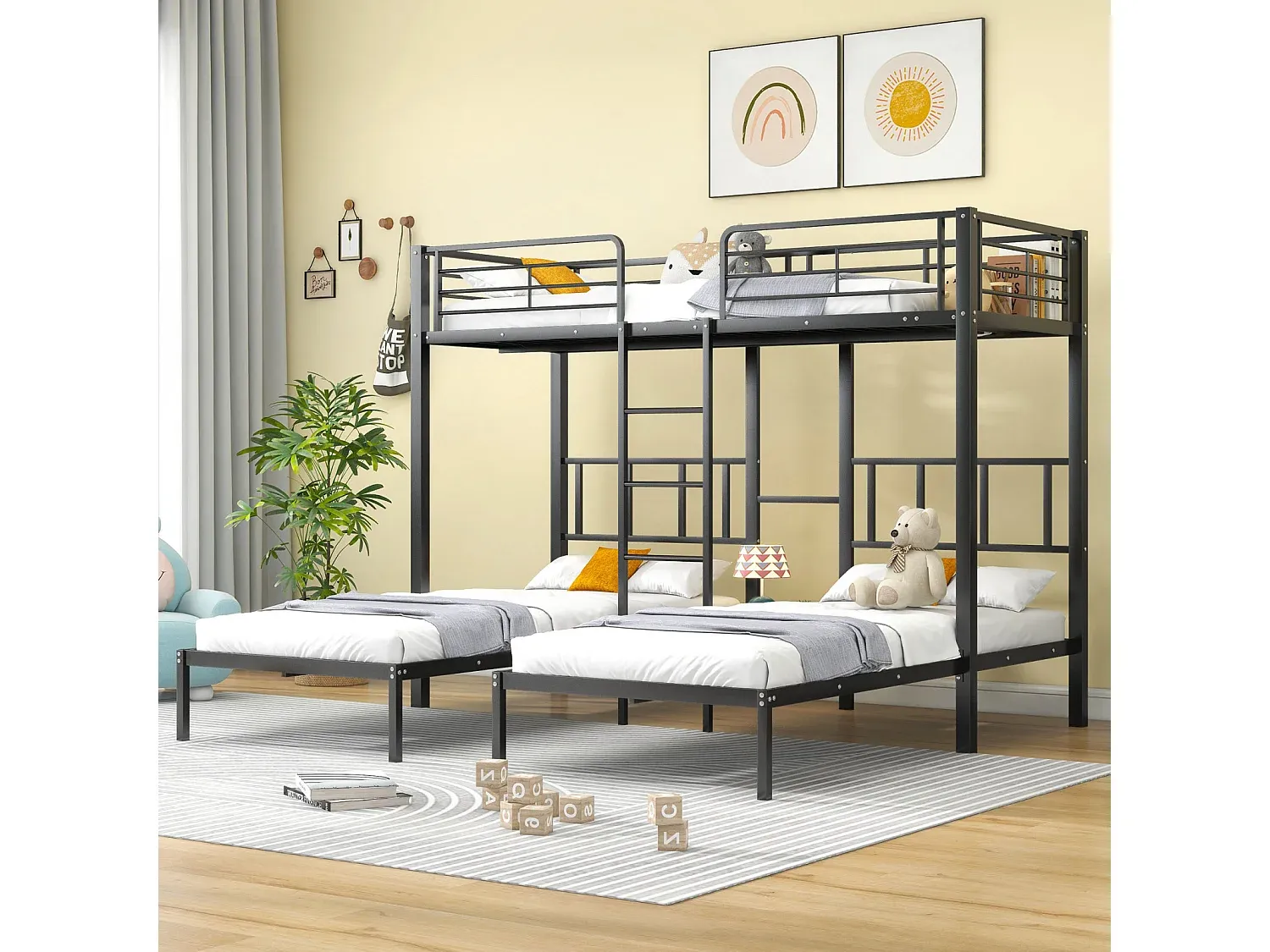 Hochbett 90x200 cm mit Leiter und Tisch, Sicherheitsgitter, Metallrahmen, Schwarz für Kinder-Livalexo