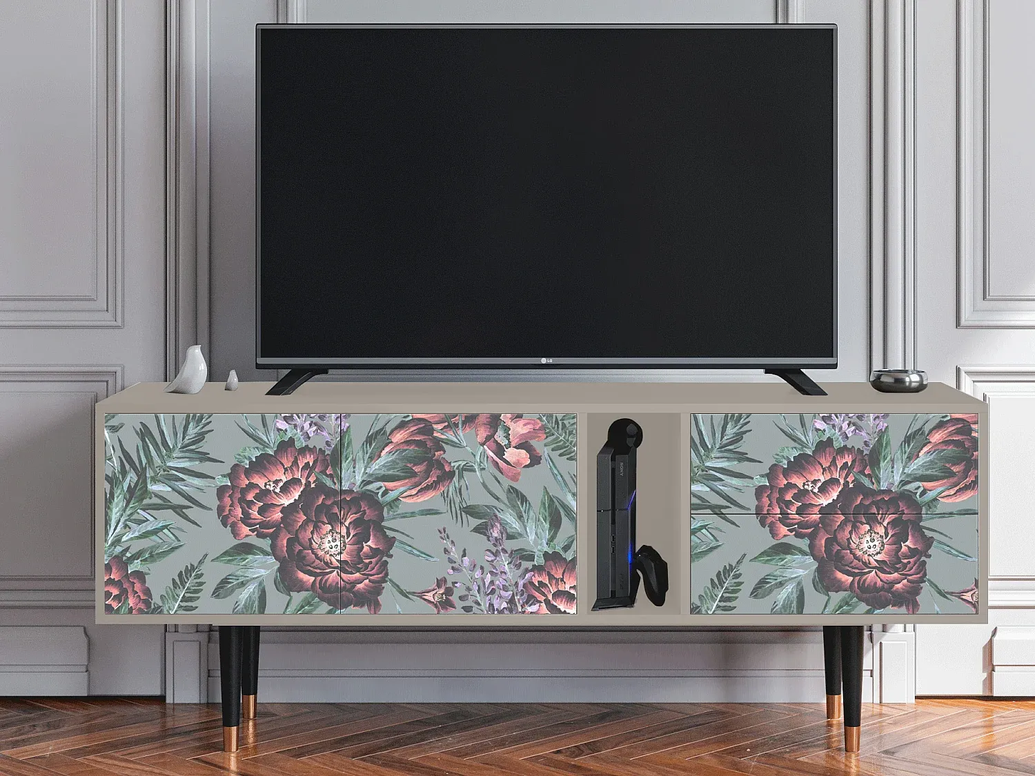 Moderner TV-Schrank mit Blumendekor, Sandfarben-Livalexo
