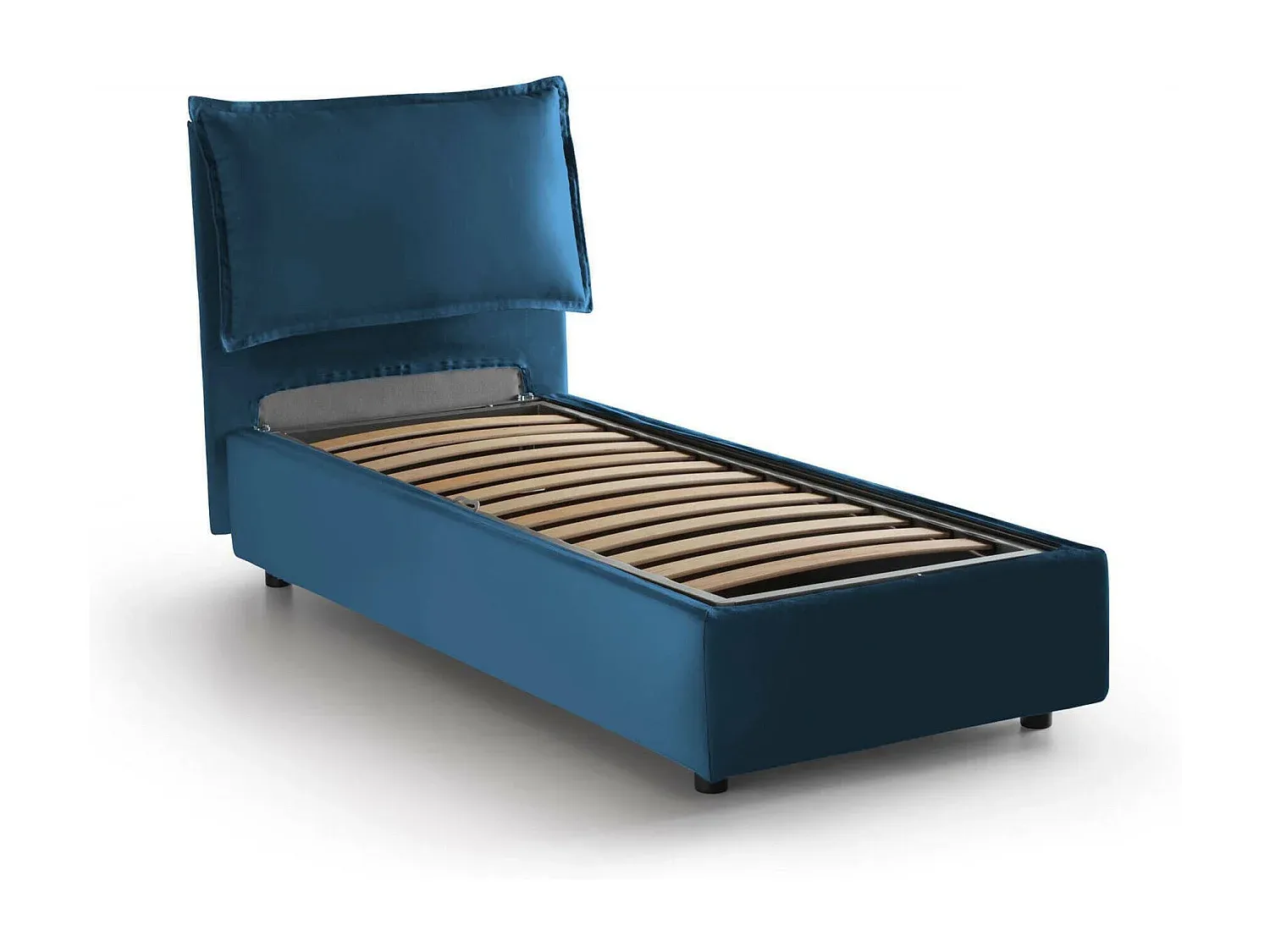 Einzelbett mit Bettkasten und Stoffbezug, Frontöffnung, für Matratze 80x190 cm geeignet, Blau-Livalexo