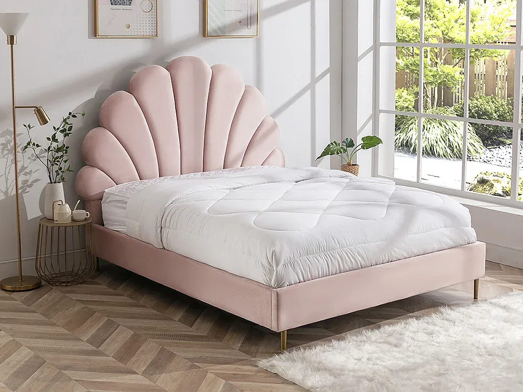 Muschelförmiges Kopfteil-Bett aus Samt in Rosa, 160 x 200 cm-Livalexo