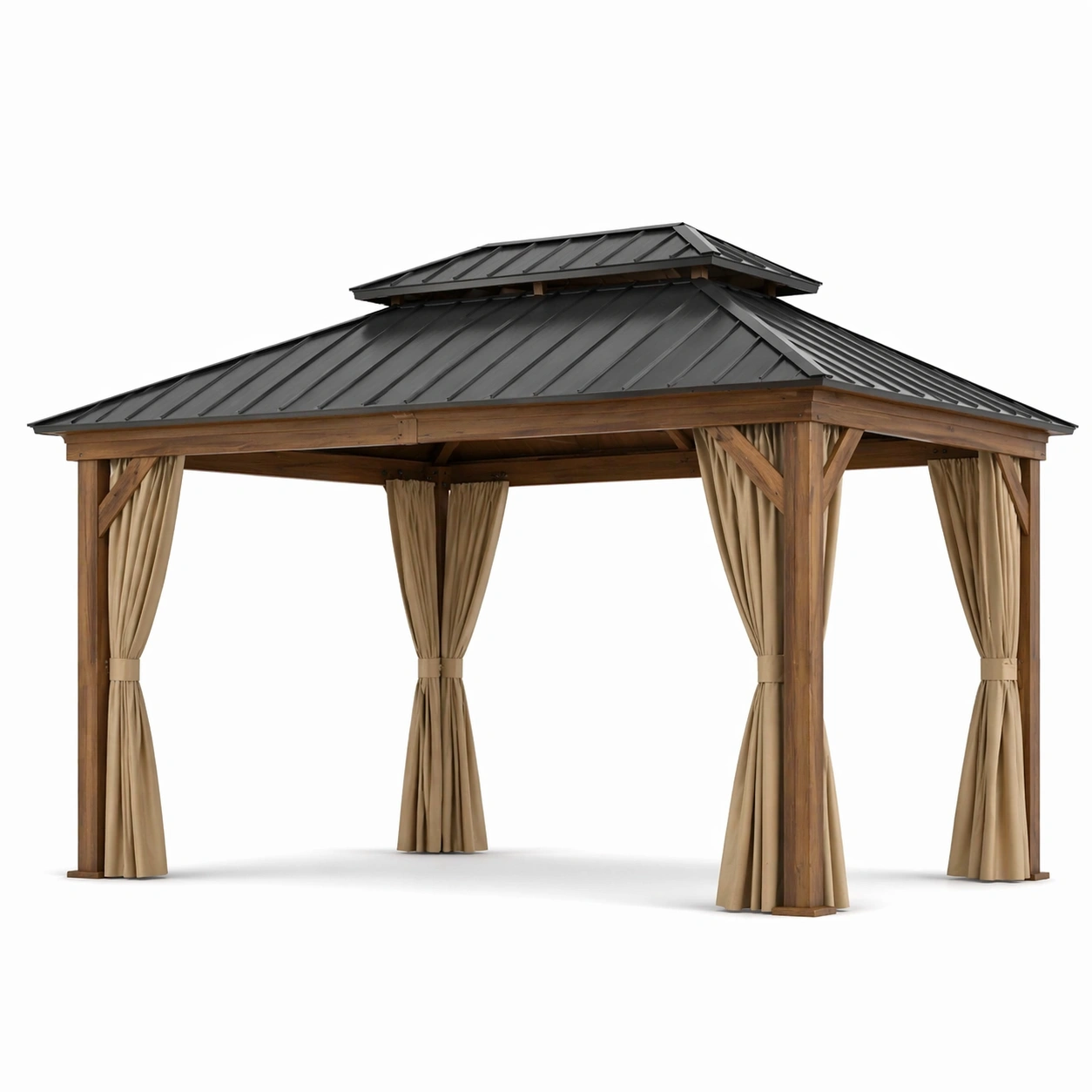Pavillon Holzrahmen Stahl Dach Polyester Vorhänge 3x3m Braun Schwarz-COZYANOVAE