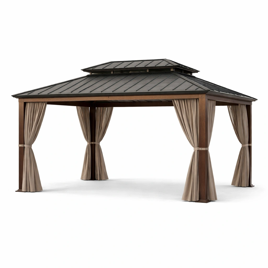 Aluminium Gartenpavillon mit Stahldach und Polyester Vorhängen 400 x 300 cm Braun/Beige-COZYANOVAE