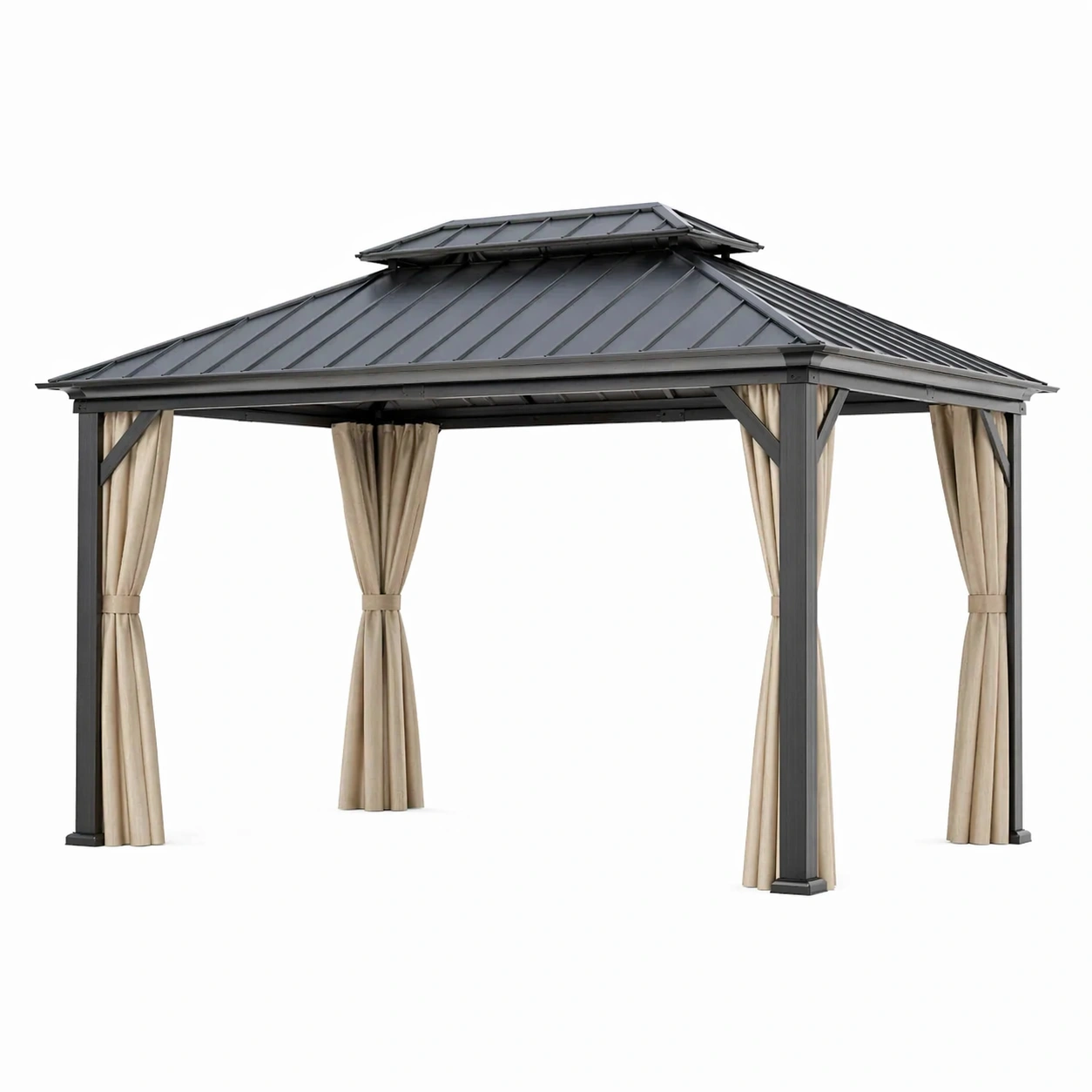 Gartenpavillon aus Aluminium mit Stahldach und Polyester Vorhängen Grau Sand 300x300x250 cm-COZYANOVAE