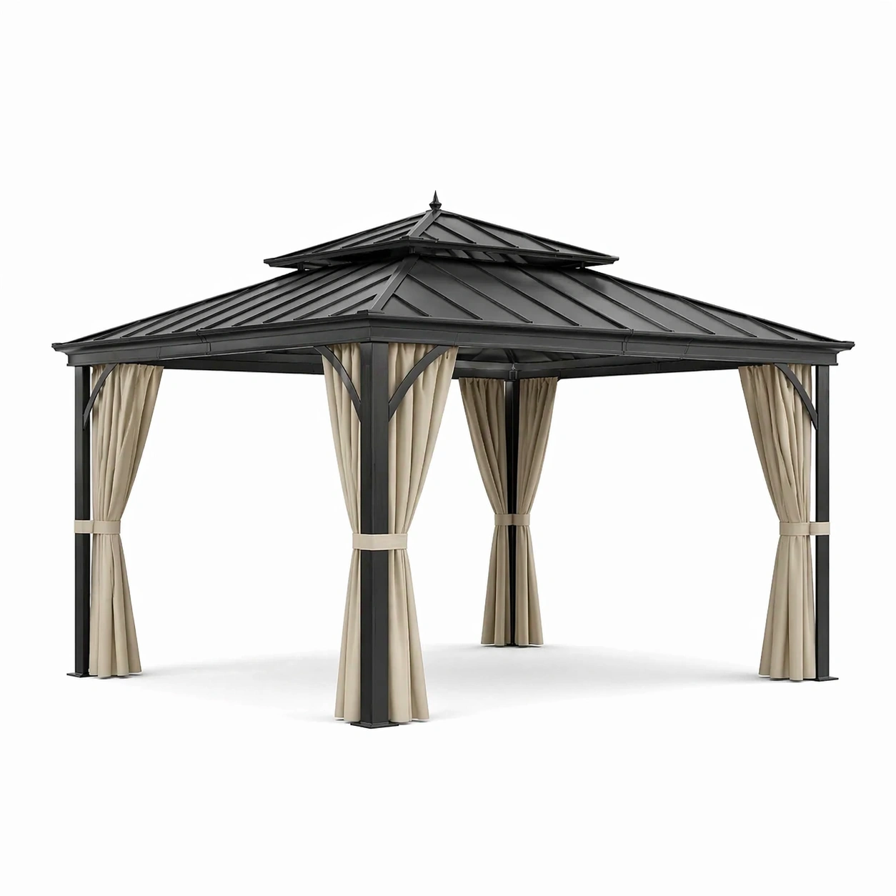 Pavillon mit Aluminiumrahmen und Aluminiumdach mit Beigen Vorhängen 300x300x270 cm-COZYANOVAE
