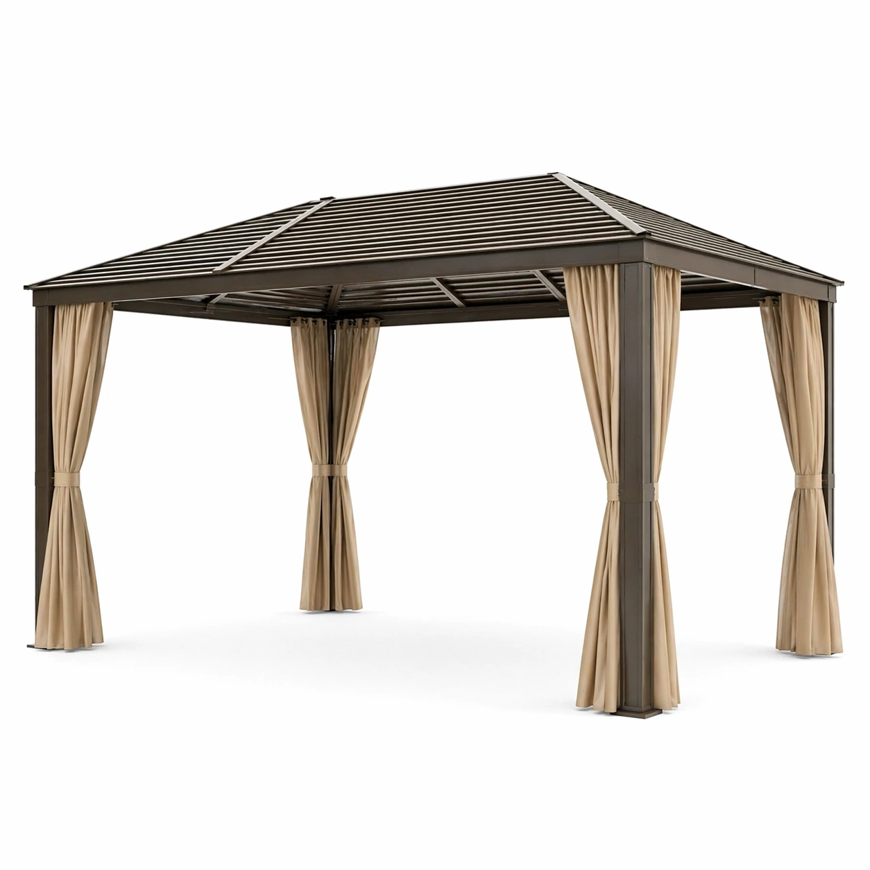 Aluminium Gartenpavillon mit Polyester Vorhängen 3x3m Braun-COZYANOVAE