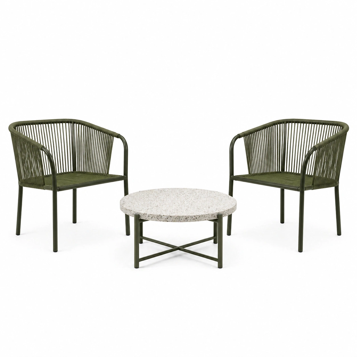 Loungeset set aus metall und polyrattan gartenmöbeln mit terrazzo tischplatte grün-FURNIALVIA