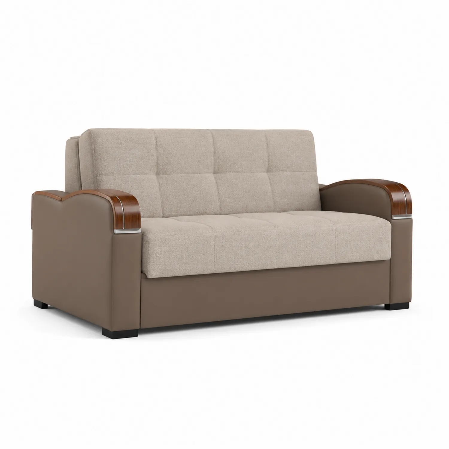 Sofa dwuosobowa z tkaniny i skóry ekologicznej z drewnianymi podłokietnikami 200 cm Beżowa i Brązowa