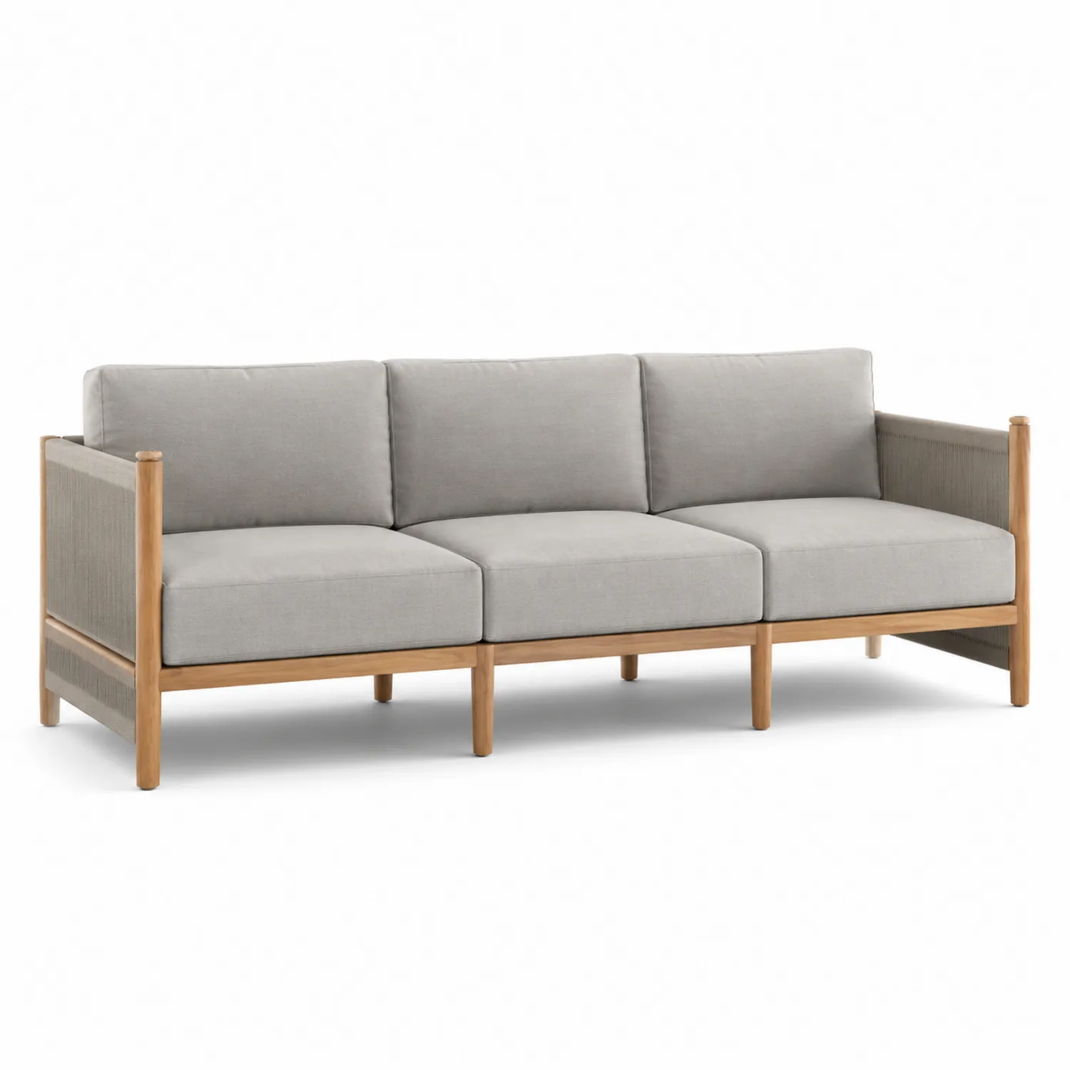 Sofa z drewna tekowego i poliestrowej tkaniny Szara 210 cm