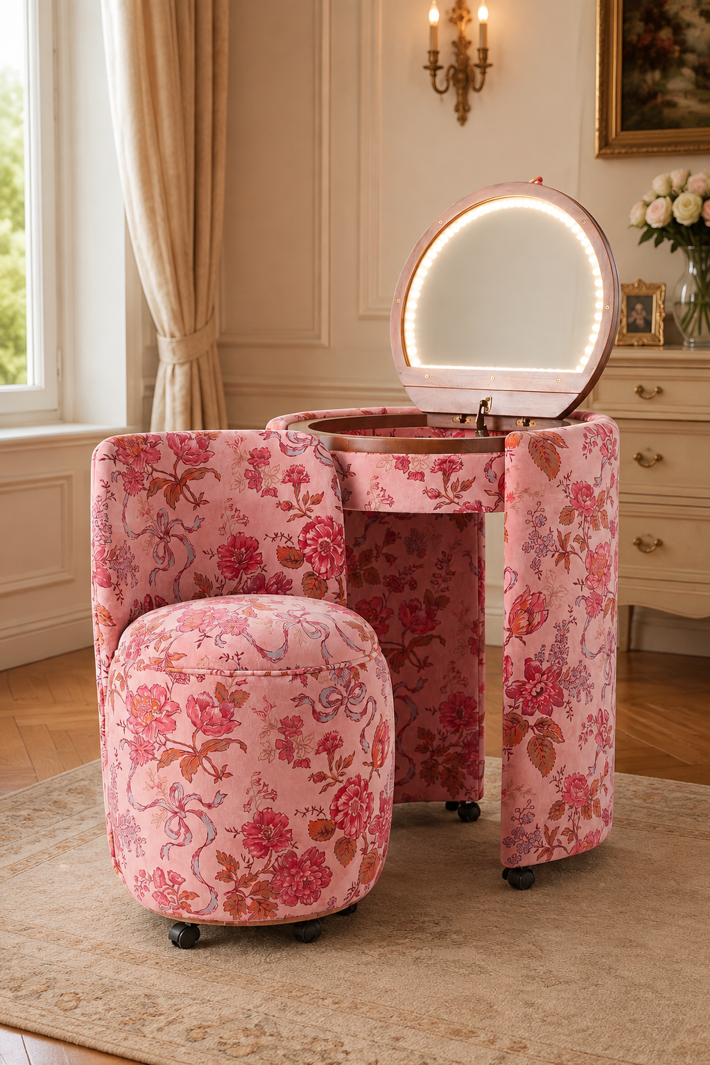 Qcncln Upholstered Vanity & Stool Set (Touch‑LED,Flip-Top Mirror)