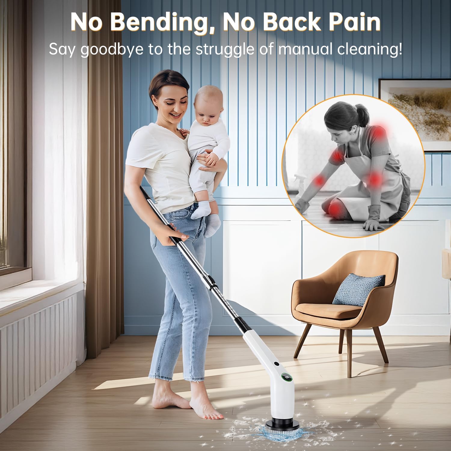 Electric Spin Scrubber, Cordless Shower Scrubber, Adjustable Handle | Dual Speed, 8 Replaceable Brush Heads, Adjustable Extension Handle, Battery Level Display, Bathtub, Tile & Floor Cleaning
