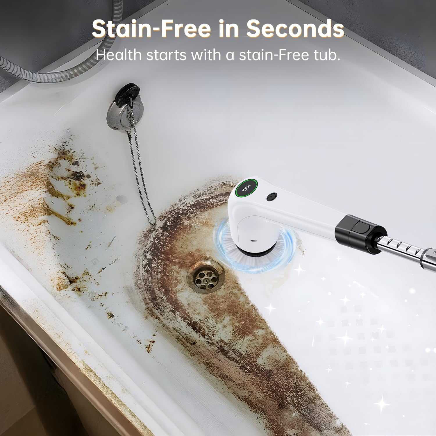 Electric Spin Scrubber, Cordless Shower Scrubber, Adjustable Handle | Dual Speed, 8 Replaceable Brush Heads, Adjustable Extension Handle, Battery Level Display, Bathtub, Tile & Floor Cleaning