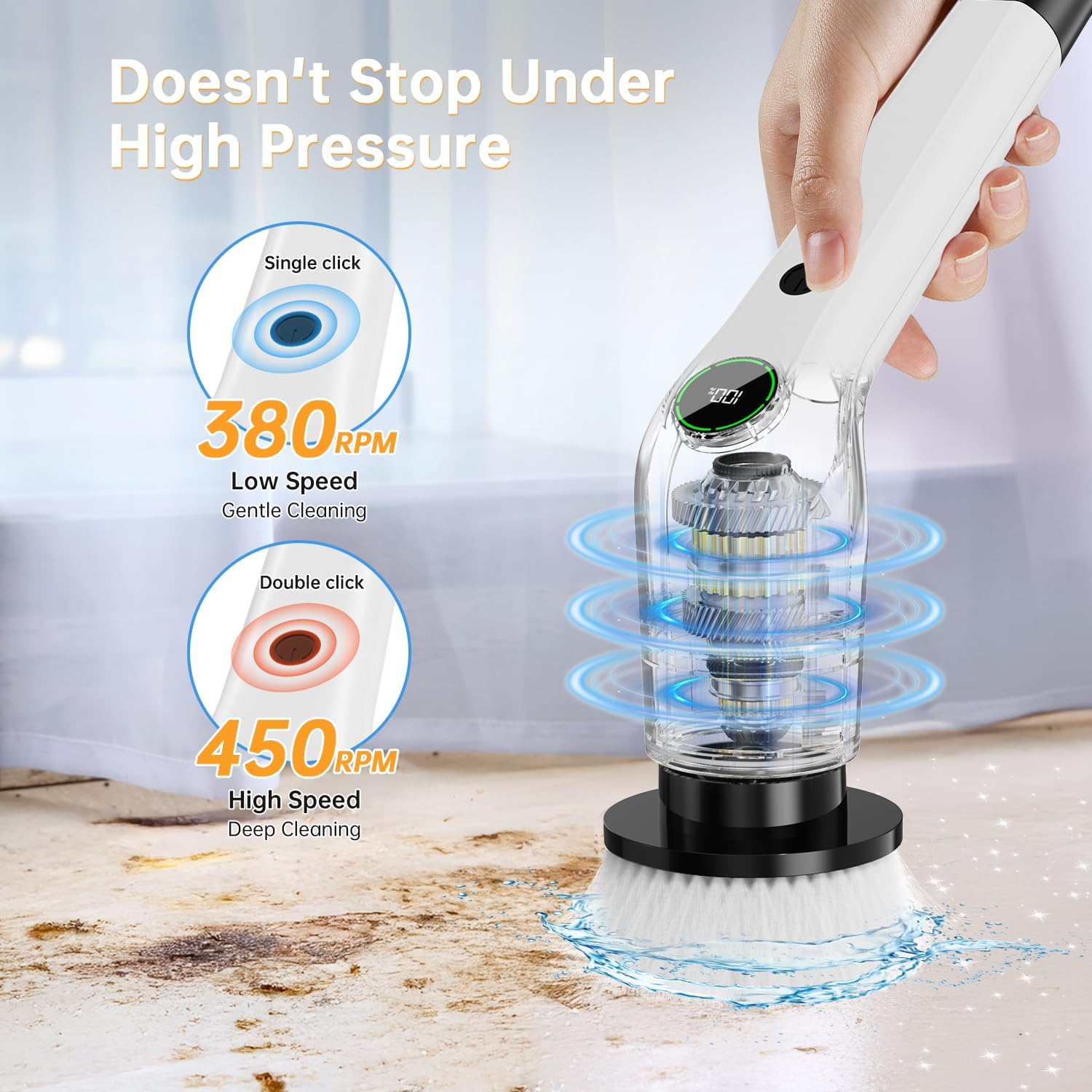 Electric Spin Scrubber, Cordless Shower Scrubber, Adjustable Handle | Dual Speed, 8 Replaceable Brush Heads, Adjustable Extension Handle, Battery Level Display, Bathtub, Tile & Floor Cleaning