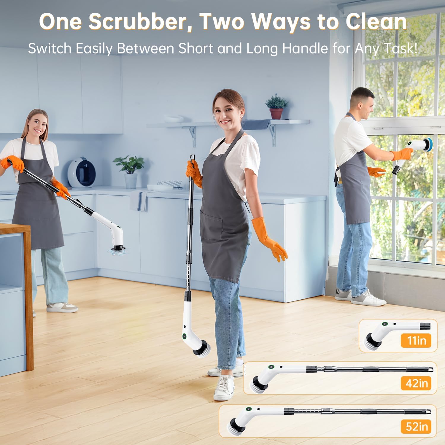 Electric Spin Scrubber, Cordless Shower Scrubber, Adjustable Handle | Dual Speed, 8 Replaceable Brush Heads, Adjustable Extension Handle, Battery Level Display, Bathtub, Tile & Floor Cleaning