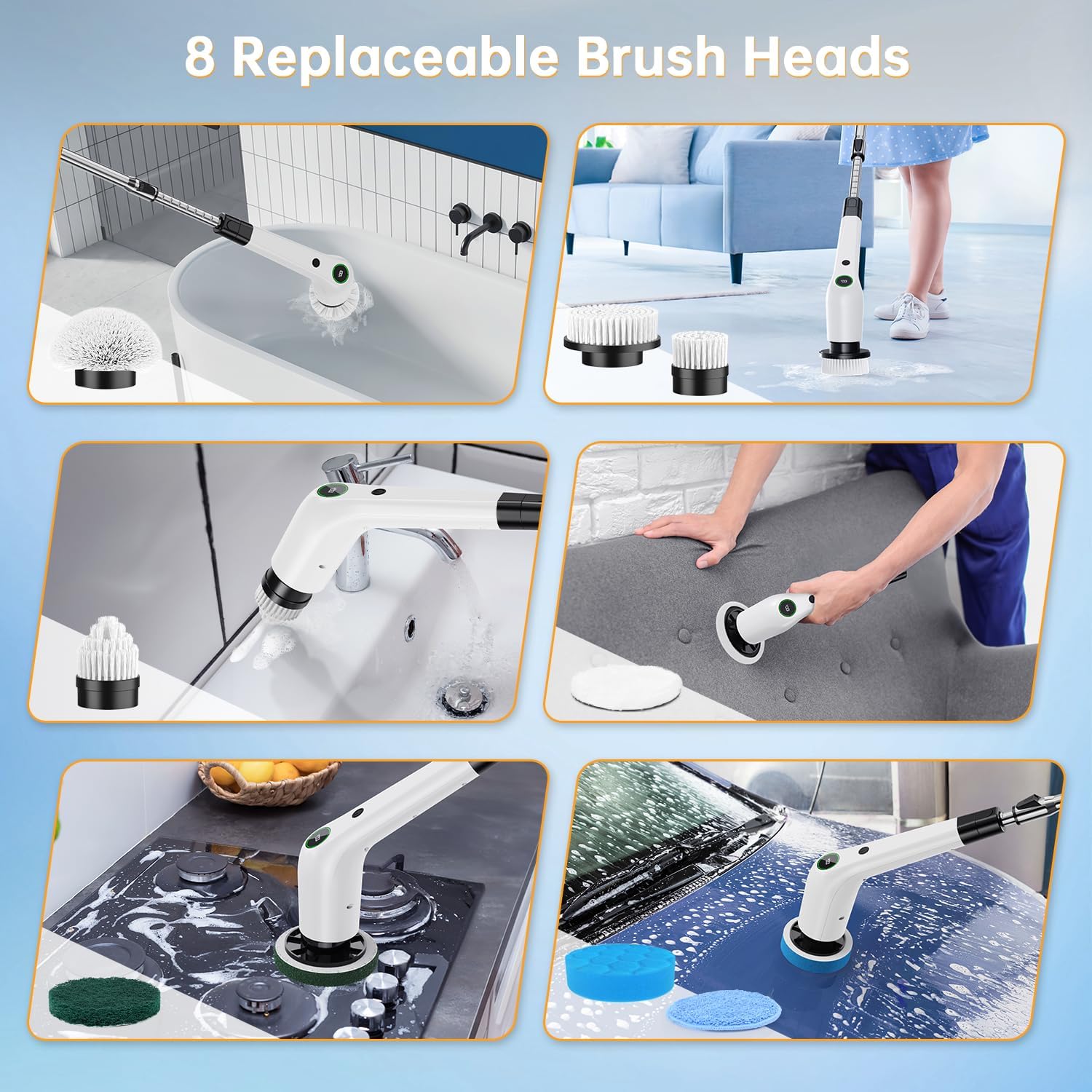 Electric Spin Scrubber, Cordless Shower Scrubber, Adjustable Handle | Dual Speed, 8 Replaceable Brush Heads, Adjustable Extension Handle, Battery Level Display, Bathtub, Tile & Floor Cleaning