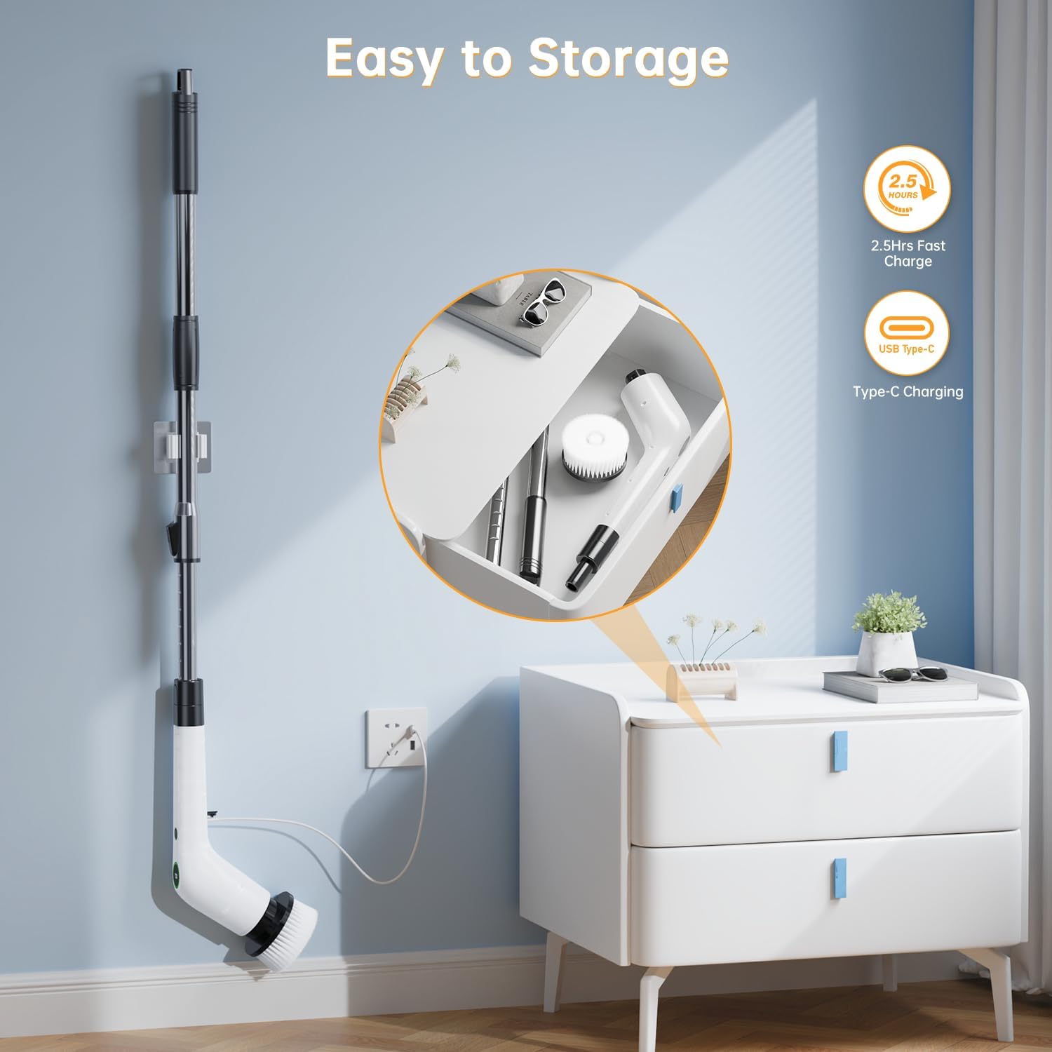 Electric Spin Scrubber, Cordless Shower Scrubber, Adjustable Handle | Dual Speed, 8 Replaceable Brush Heads, Adjustable Extension Handle, Battery Level Display, Bathtub, Tile & Floor Cleaning