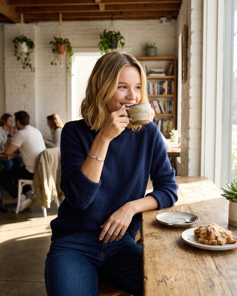 Model wearing VELORA Navy Blue Crewneck Sweater in Cafe