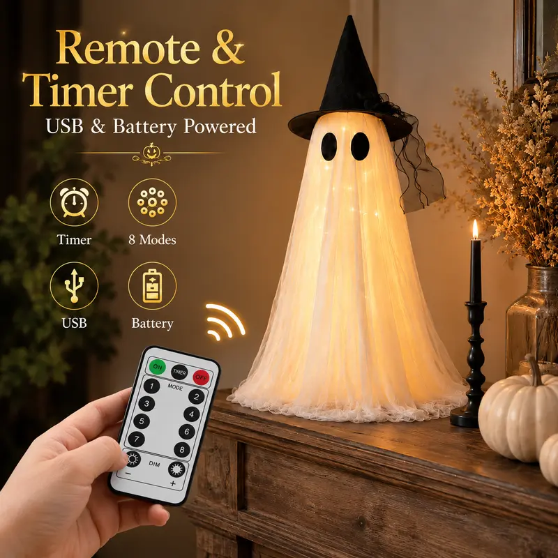 2-Pack Spooky Halloween Indoor Ghost Decor Kit - Home Supplies with Upgraded Fabric, Timer Remote Control, Ideal for Indoor Table, Cabinet, Fireplace