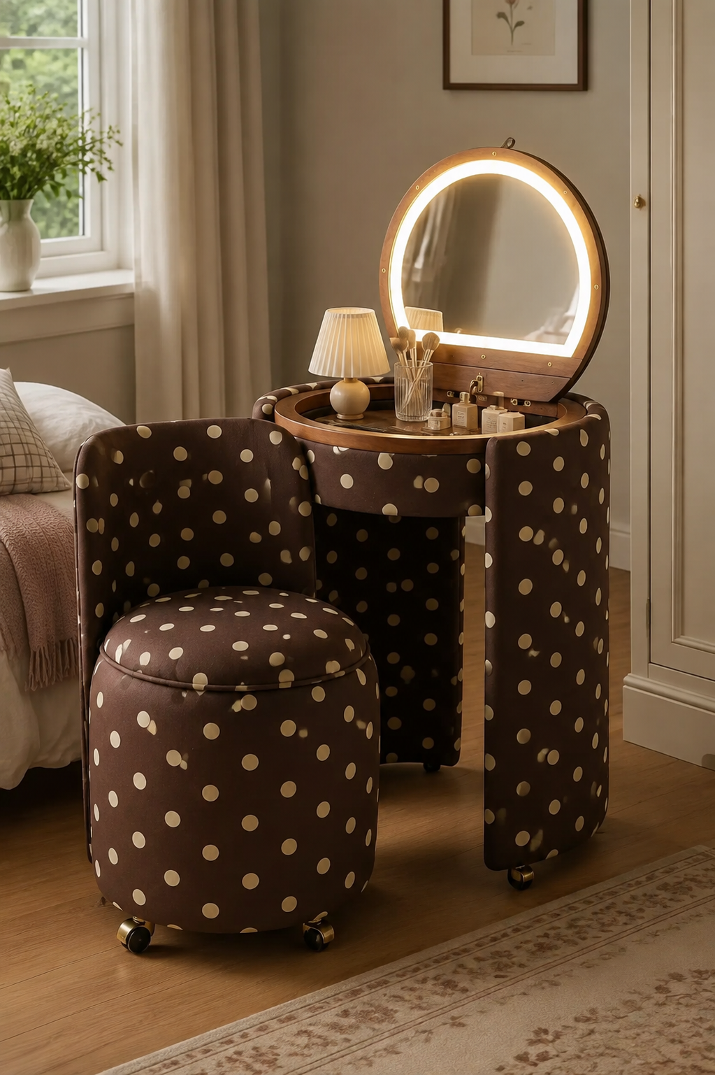 Qcncln Upholstered Vanity & Stool Set (Touch‑LED,Flip-Top Mirror)
