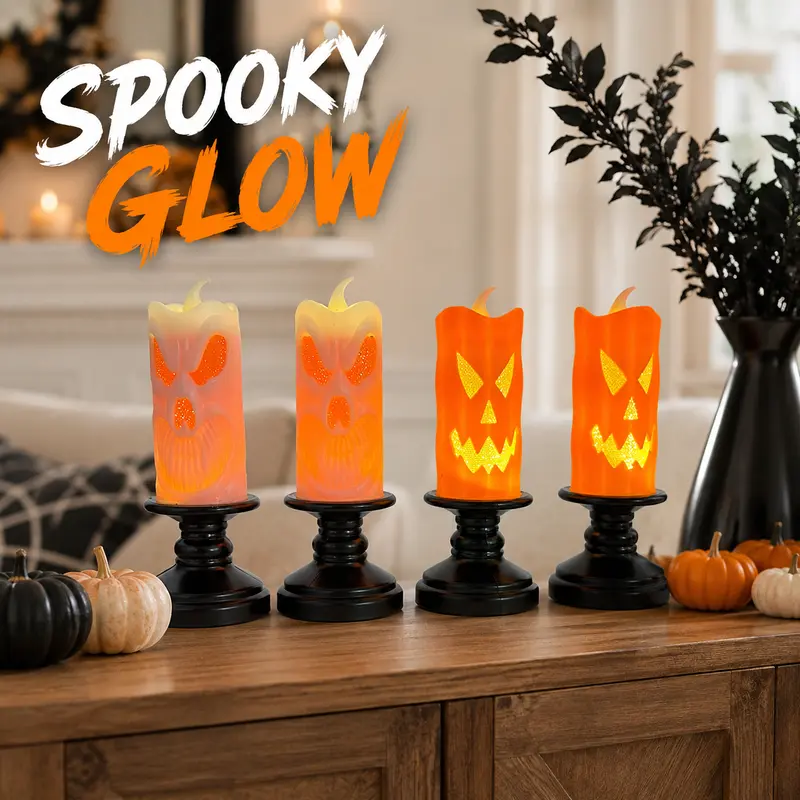 Halloween Flameless LED Decorative Candle Lights Spooky Pumpkin Bat Skull Designs for Tabletop Indoor Party Haunted House and Holiday Home Decor