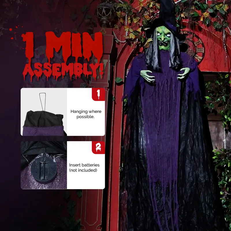 12ft Giant Hanging Witch Halloween Decor, Sound & Motion Activated Animatronic Witch with Glowing LED Eyes, Scary Talking Witch Prop for Yard Haunted House Party Decor, Battery Operated (Batteries Not Included)