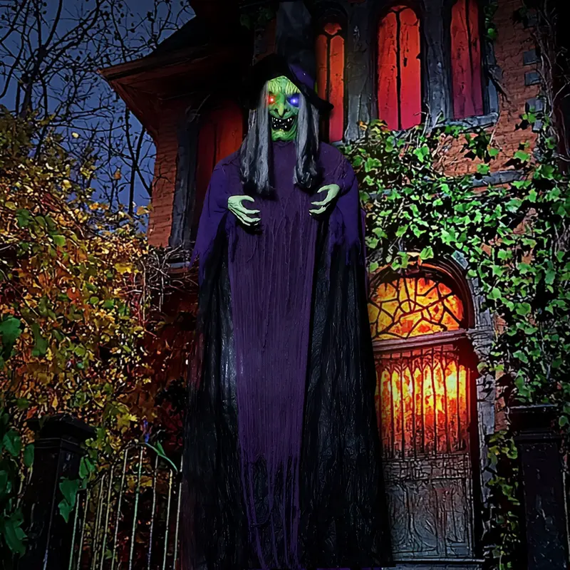 12ft Giant Hanging Witch Halloween Decor, Sound & Motion Activated Animatronic Witch with Glowing LED Eyes, Scary Talking Witch Prop for Yard Haunted House Party Decor, Battery Operated (Batteries Not Included)
